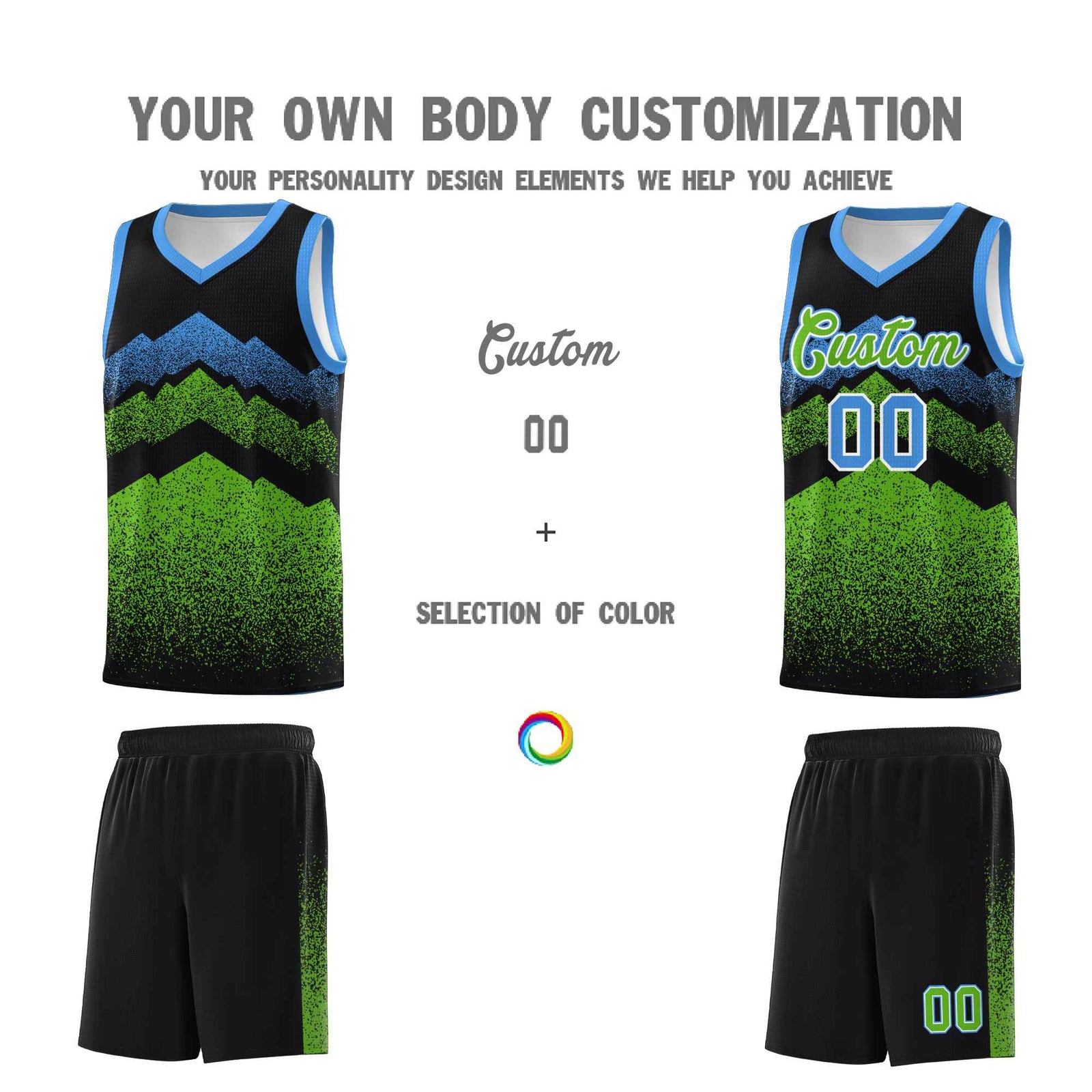 Personalized Youth Basketball Jerseys Black Green Gradient Mountain Design Uniforms