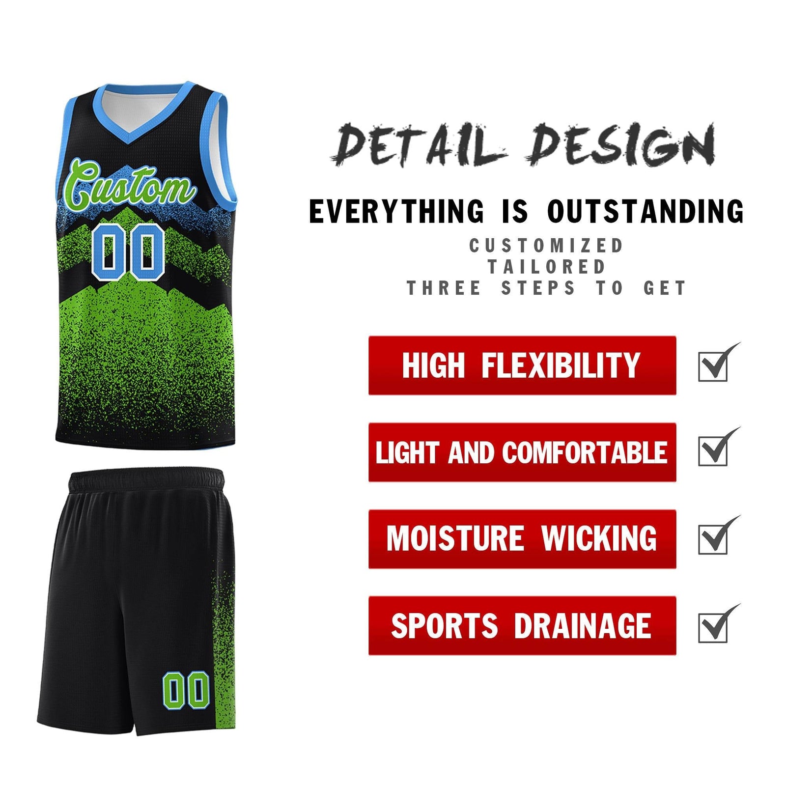 Personalized Youth Basketball Jerseys Black Green Gradient Mountain Design Uniforms