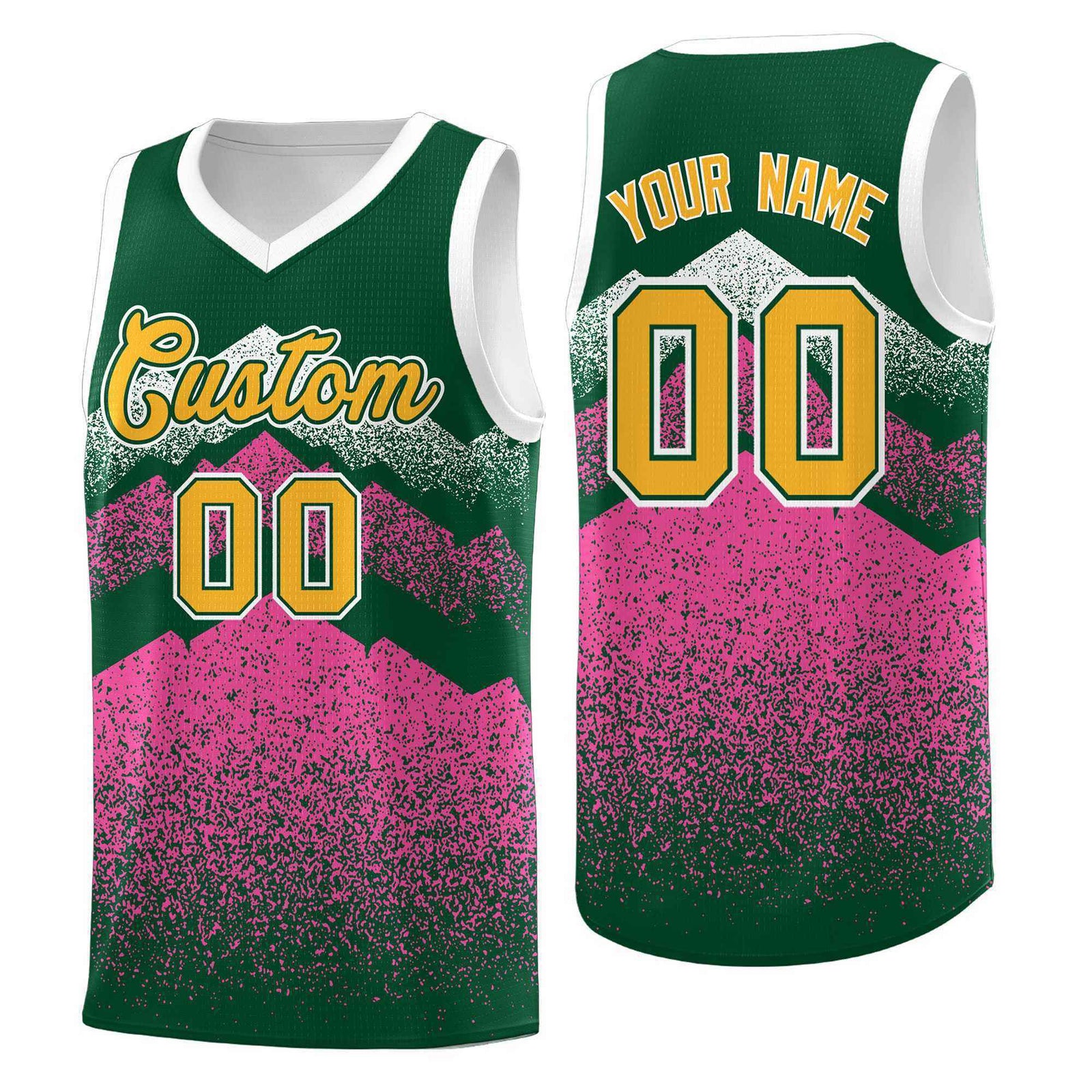 Custom Youth Basketball Jerseys Green Pink Gradient Mountain Design Uniforms