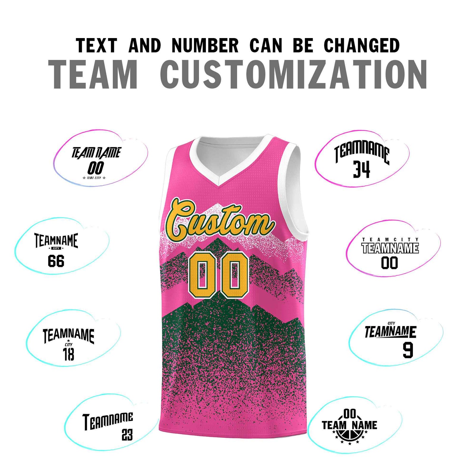 Personalized Youth Basketball Jerseys Pink Green Gradient Mountain Design Uniforms