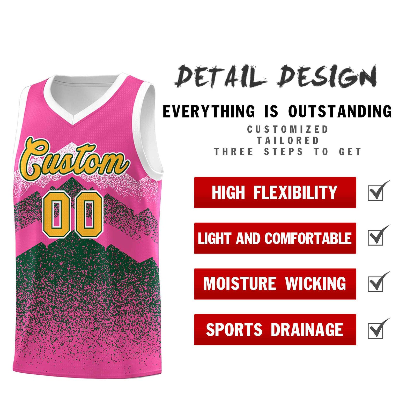 Personalized Youth Basketball Jerseys Pink Green Gradient Mountain Design Uniforms