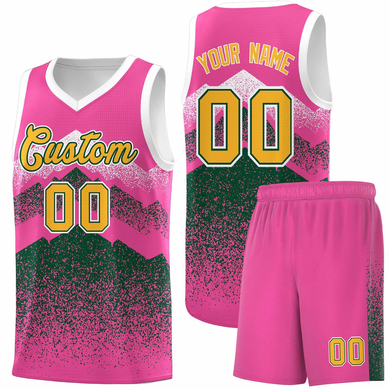 Personalized Youth Basketball Jerseys Pink Green Gradient Mountain Design Uniforms