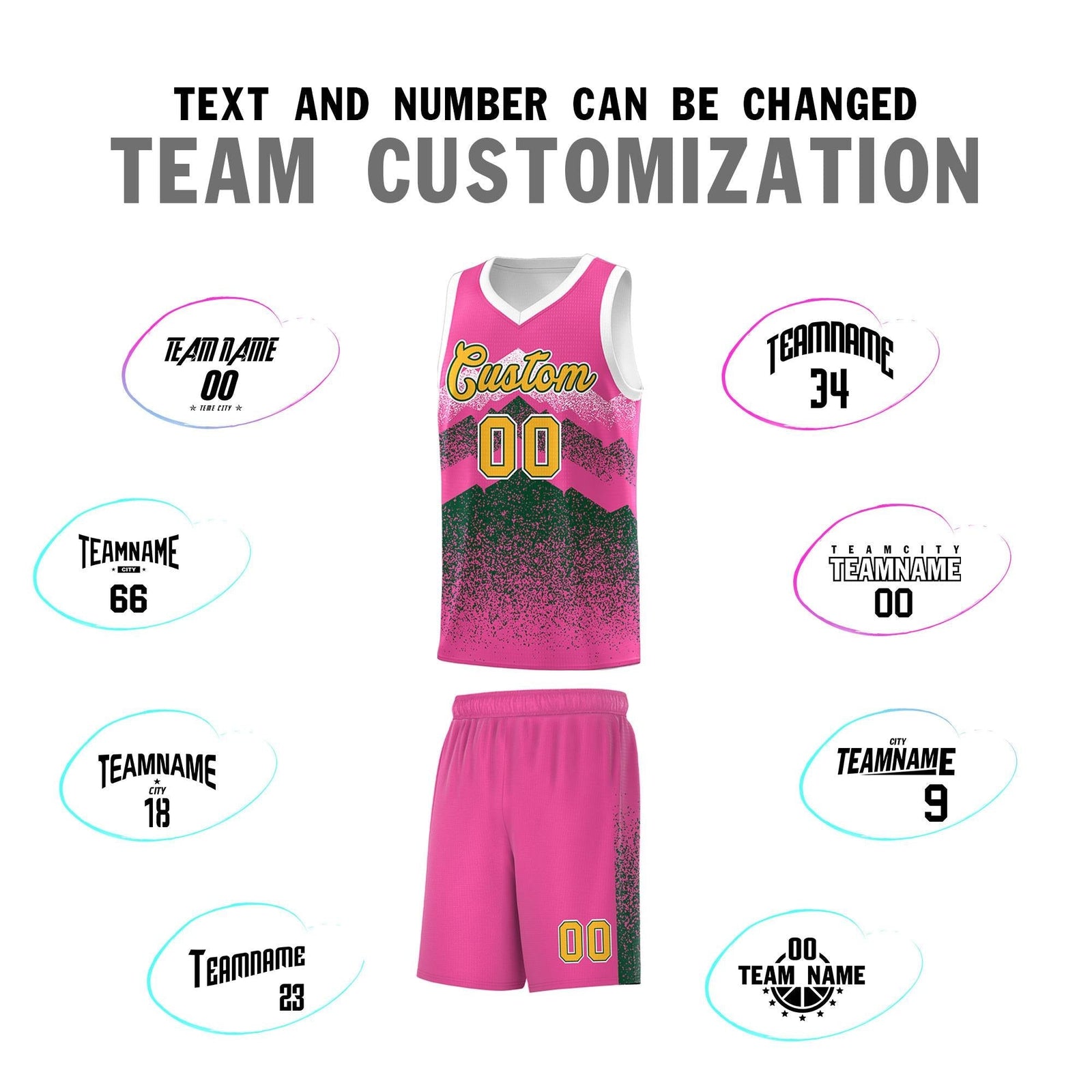 Personalized Youth Basketball Jerseys Pink Green Gradient Mountain Design Uniforms