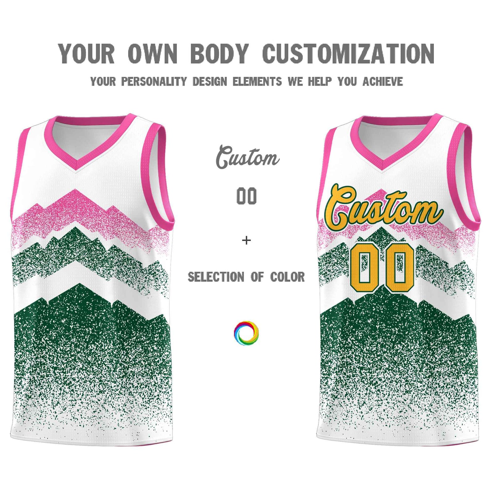 Custom Youth Basketball Jerseys White Green Gradient Mountain Design Uniforms