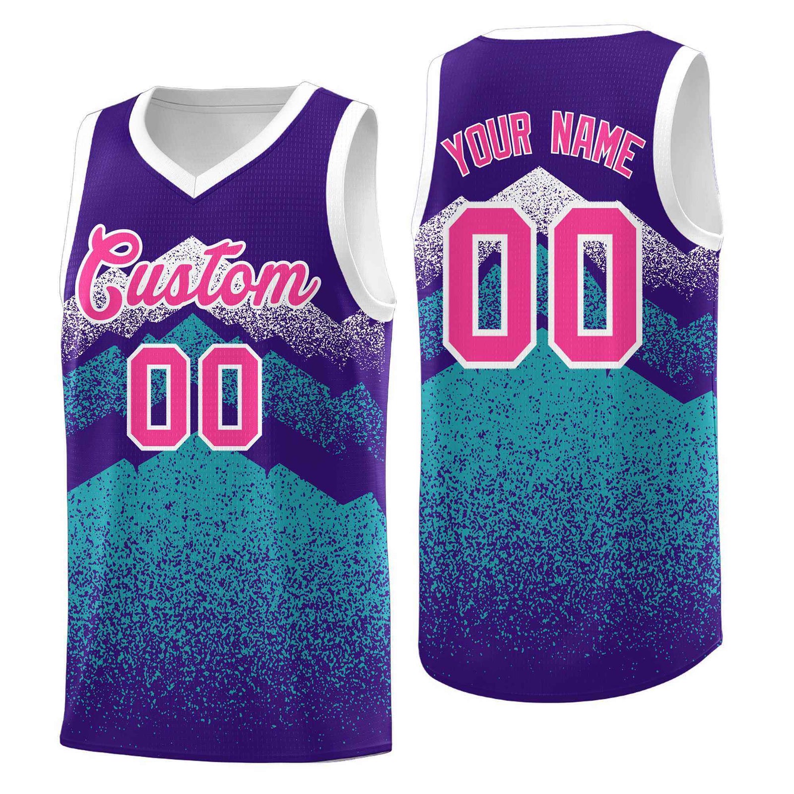 Personalized Youth Basketball Jerseys Purple Aqua Gradient Mountain Design Uniforms