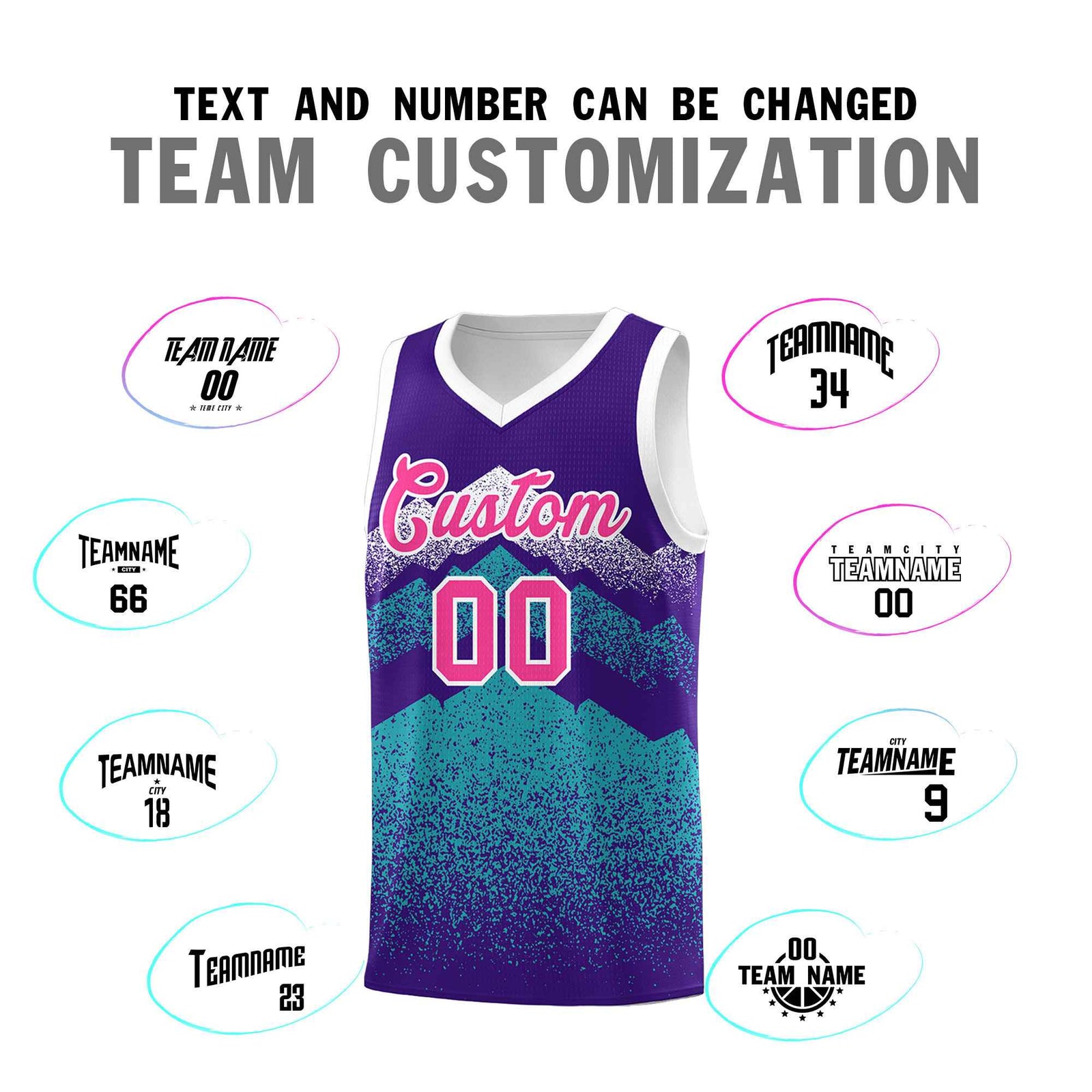Personalized Youth Basketball Jerseys Purple Aqua Gradient Mountain Design Uniforms