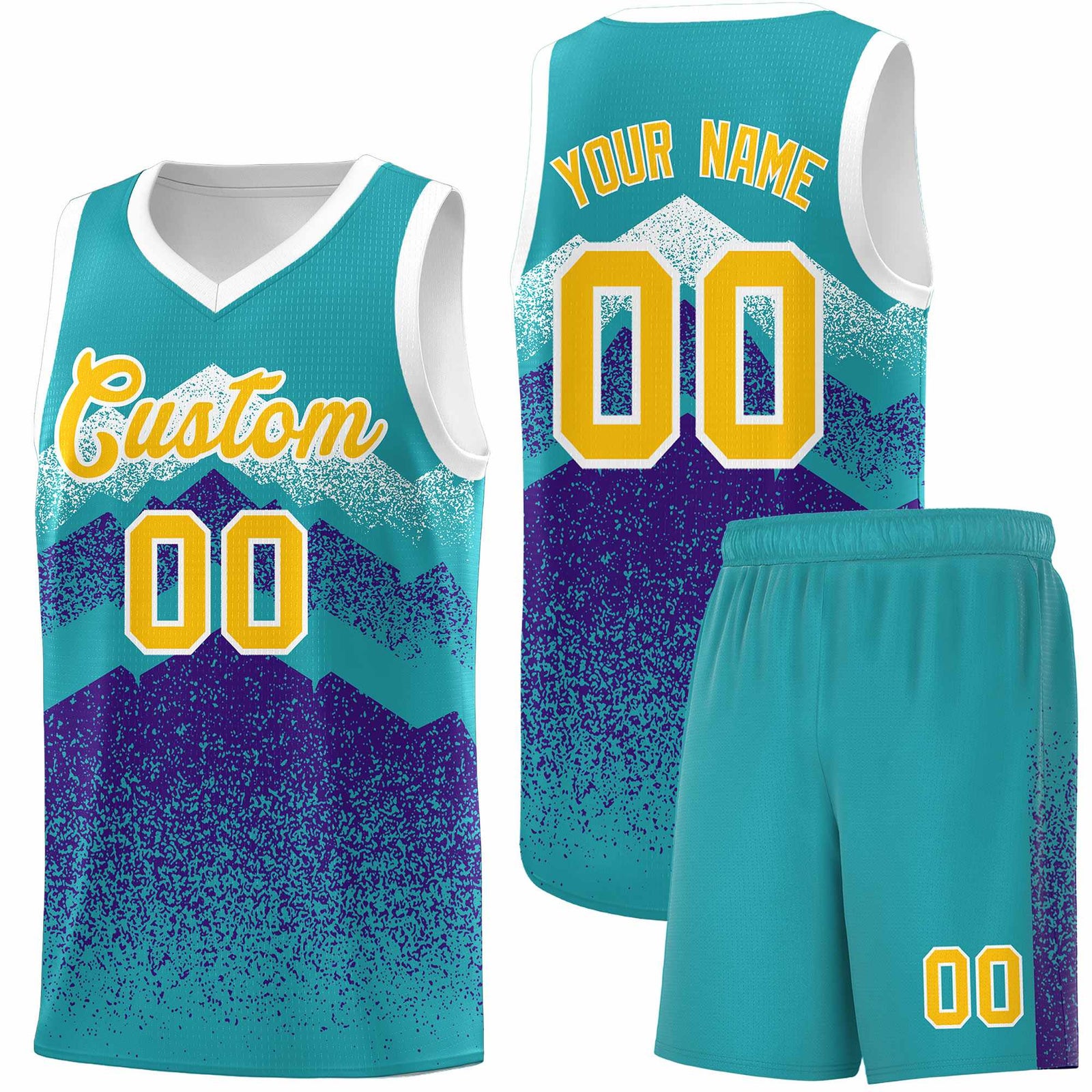 Personalized Youth Basketball Jerseys Aqua Purple Gradient Mountain Design Uniforms