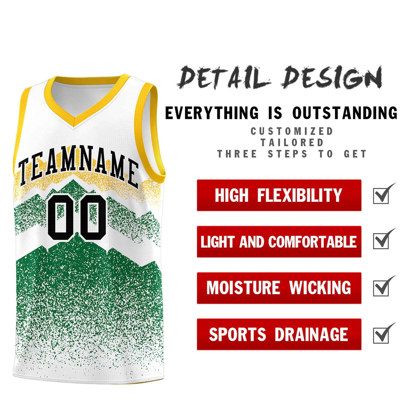 Personalized Youth Basketball Jerseys White Kelly Green Gradient Mountain Design Uniforms