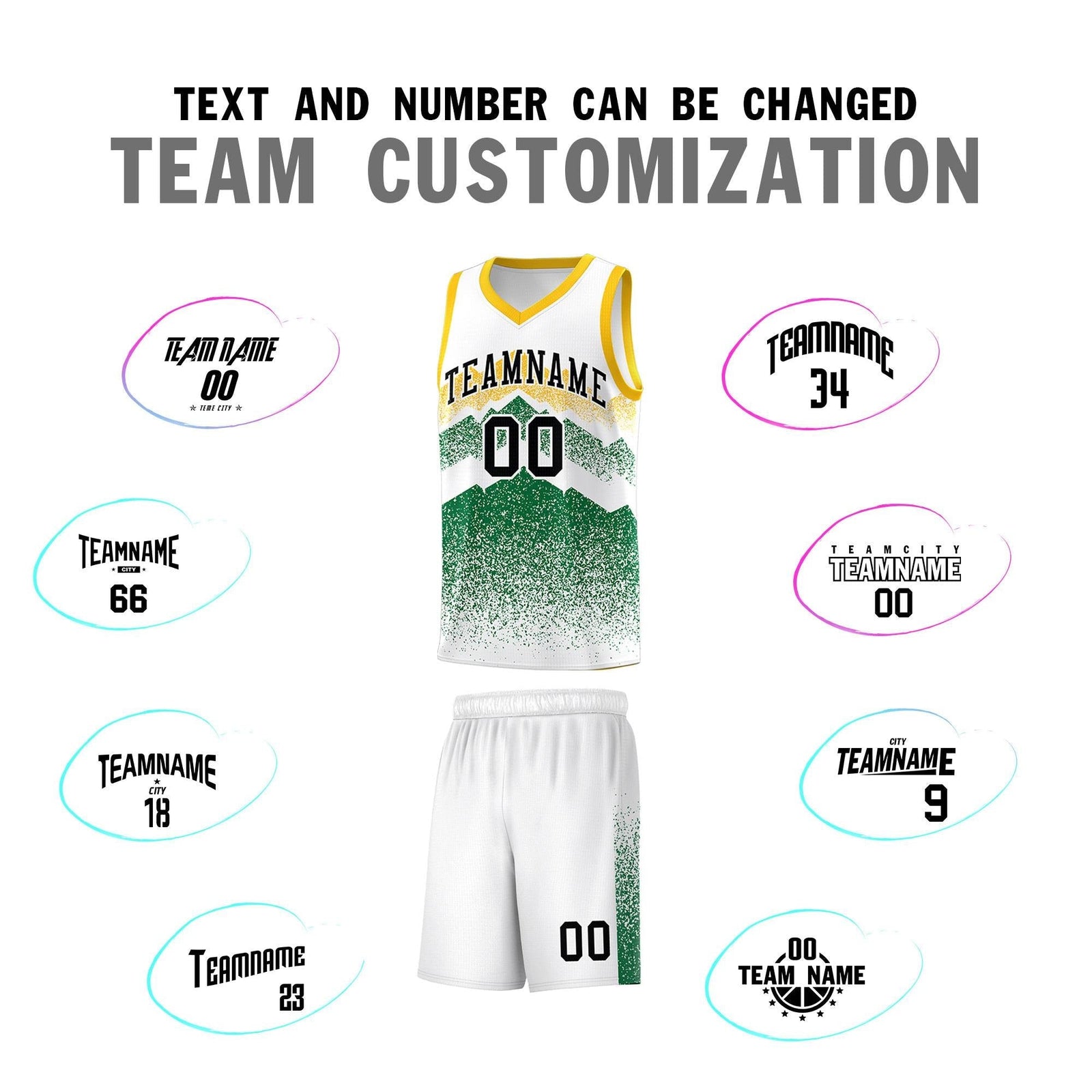 Personalized Youth Basketball Jerseys White Kelly Green Gradient Mountain Design Uniforms