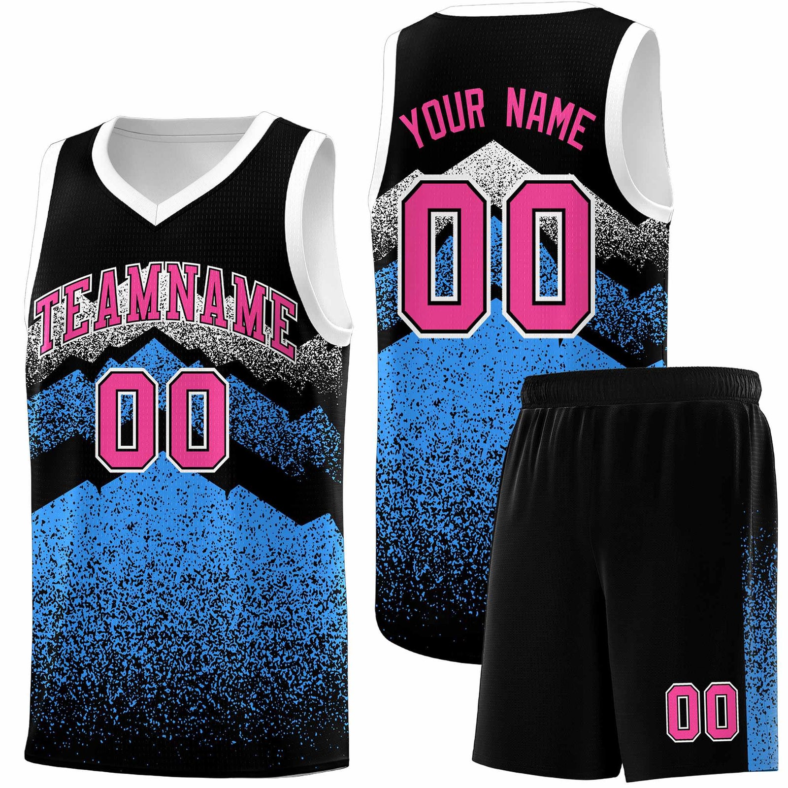 Personalized Youth Basketball Jerseys Black Powder Blue Gradient Mountain Design Uniforms