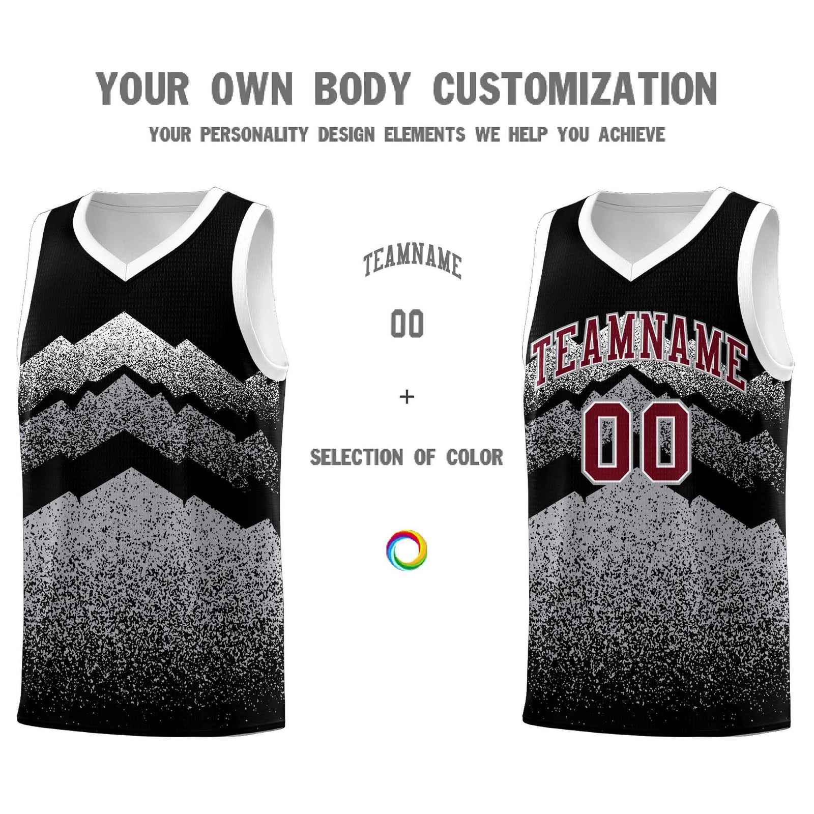 Personalized Youth Basketball Jerseys Black Gray Gradient Mountain Design Uniforms