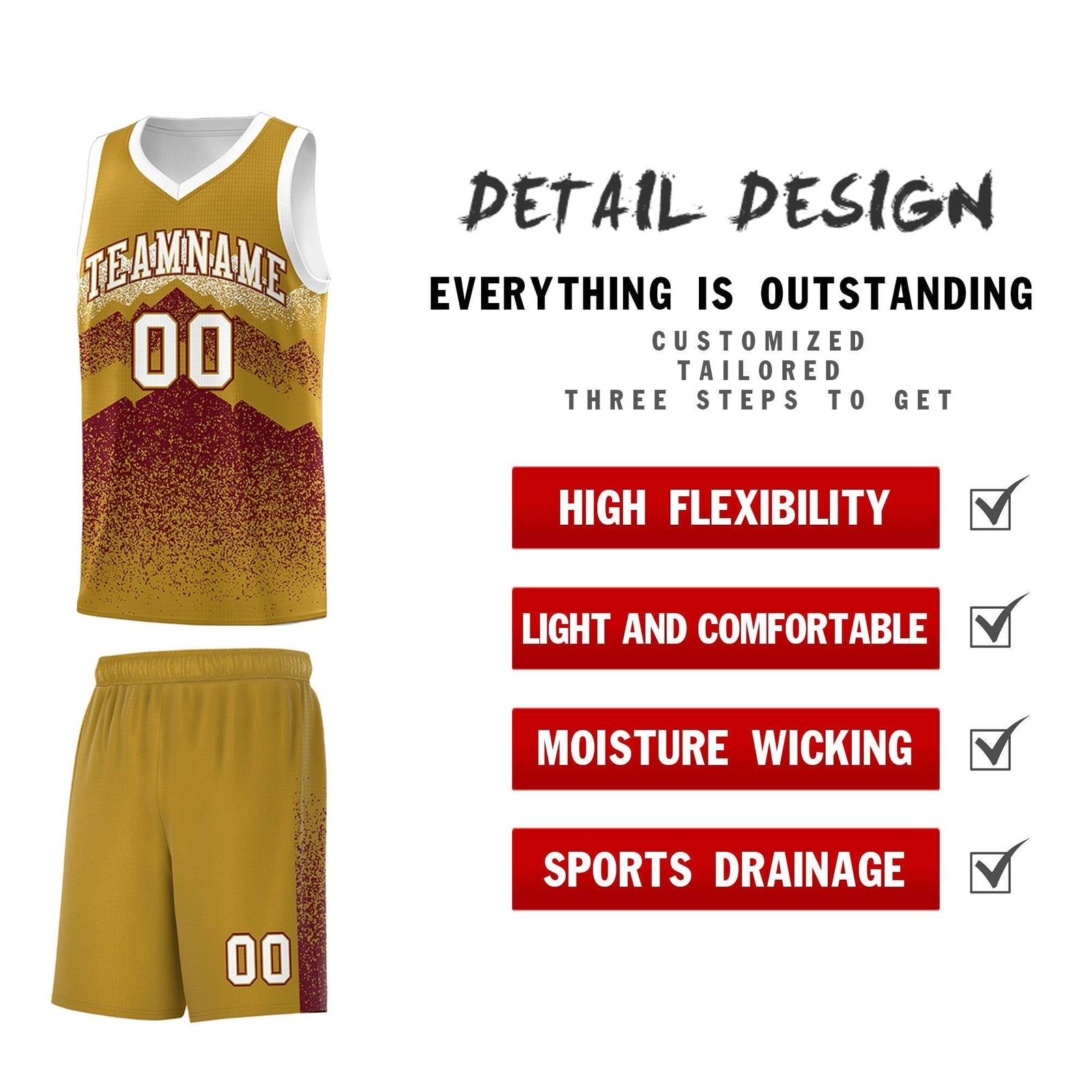 Custom Youth Basketball Jerseys Old Gold Crimson Gradient Mountain Design Uniforms