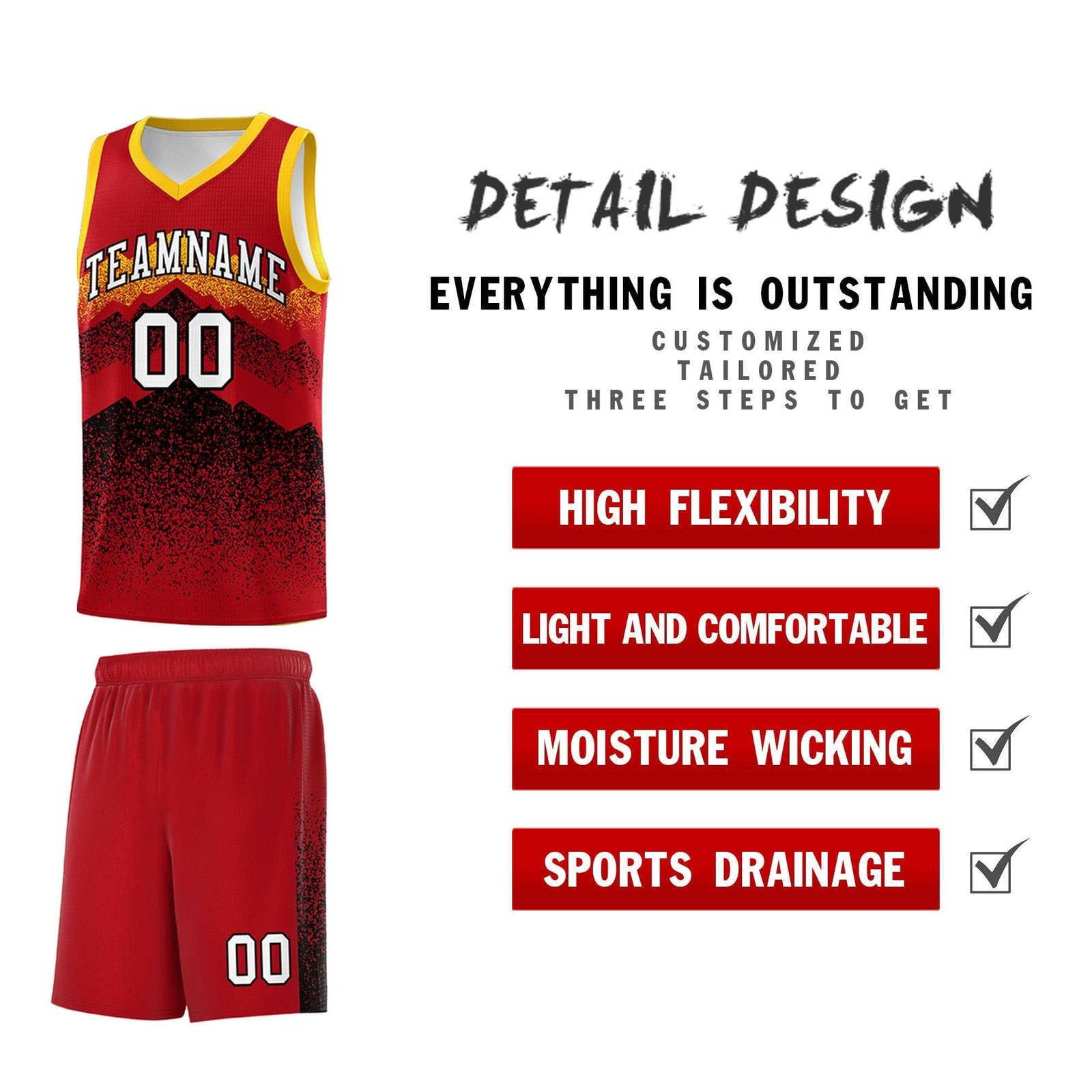 Custom Youth Basketball Jerseys Red Black Gradient Mountain Design Uniforms