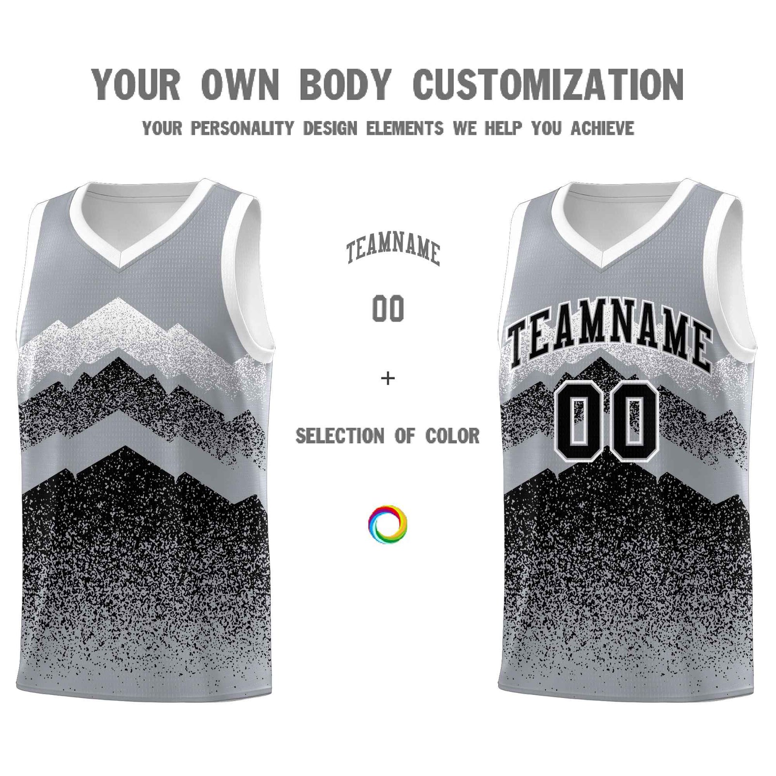 Personalized Youth Basketball Jerseys Gray Black Gradient Mountain Design Uniforms