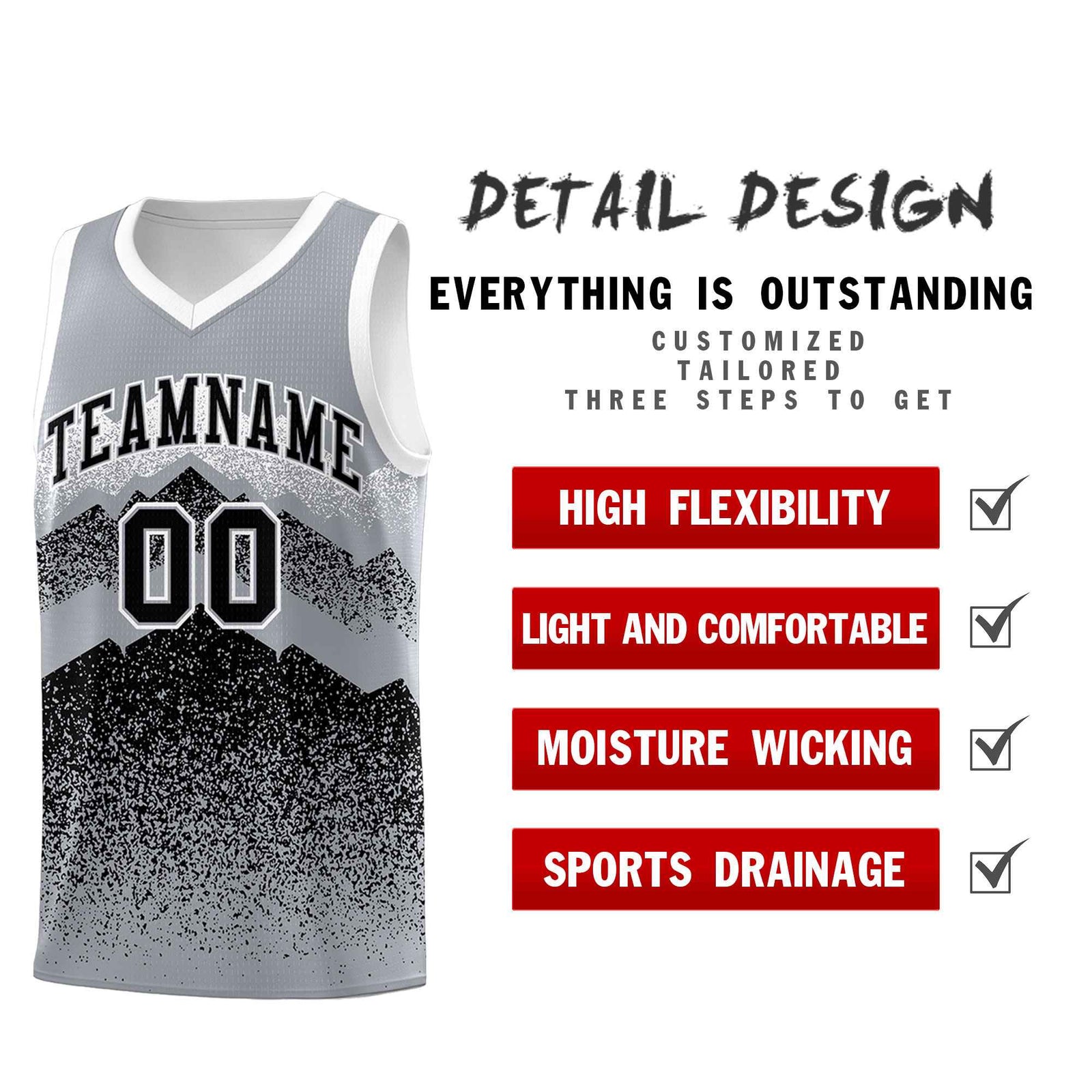 Personalized Youth Basketball Jerseys Gray Black Gradient Mountain Design Uniforms