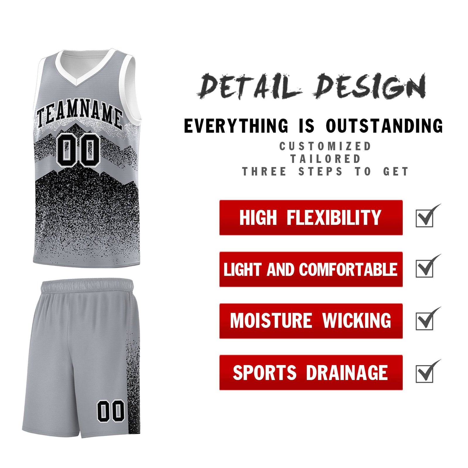 Personalized Youth Basketball Jerseys Gray Black Gradient Mountain Design Uniforms