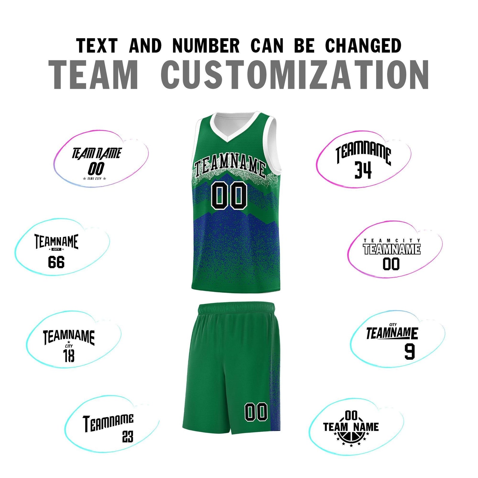 Custom Youth Basketball Jerseys Green Royal Gradient Mountain Design Uniforms