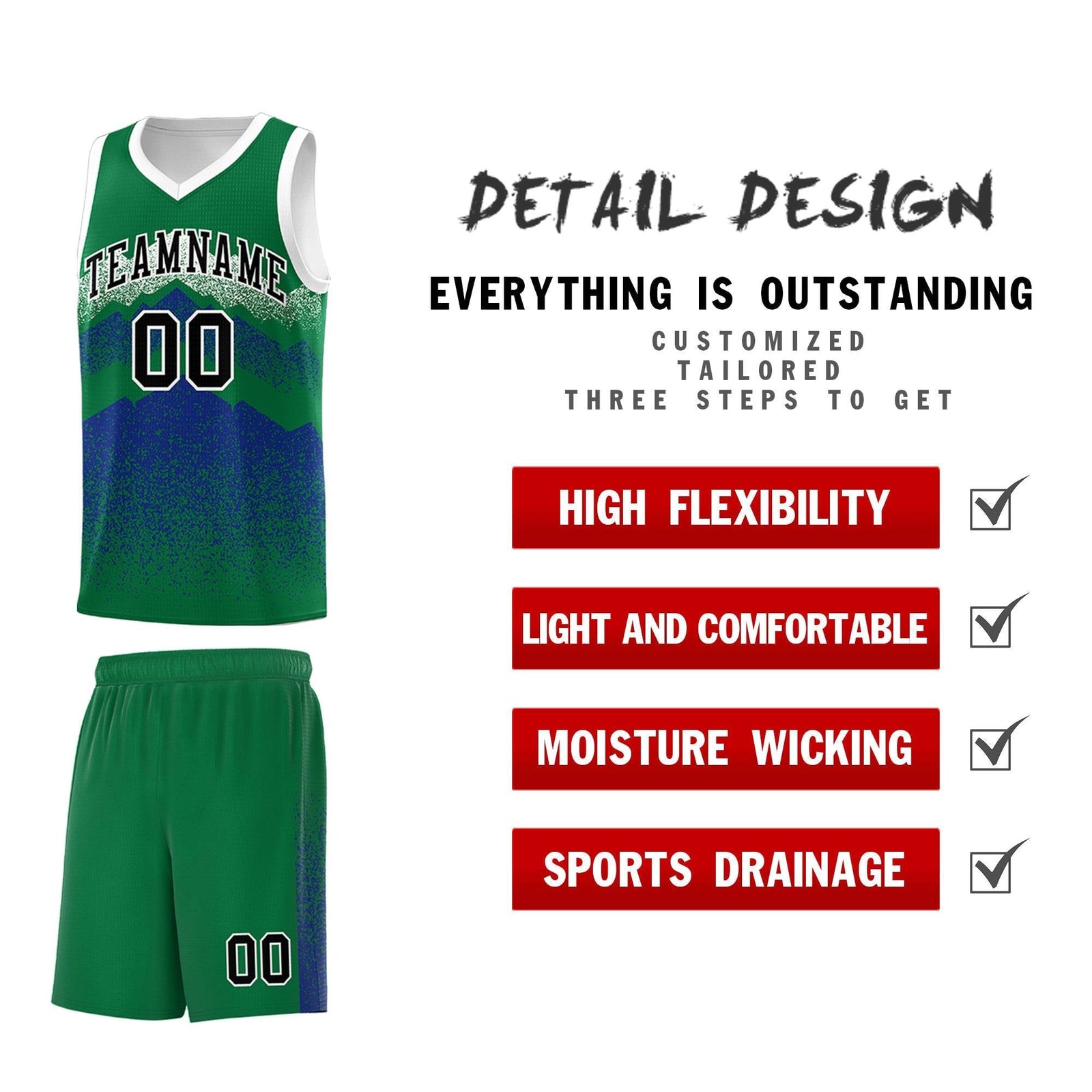Custom Youth Basketball Jerseys Green Royal Gradient Mountain Design Uniforms
