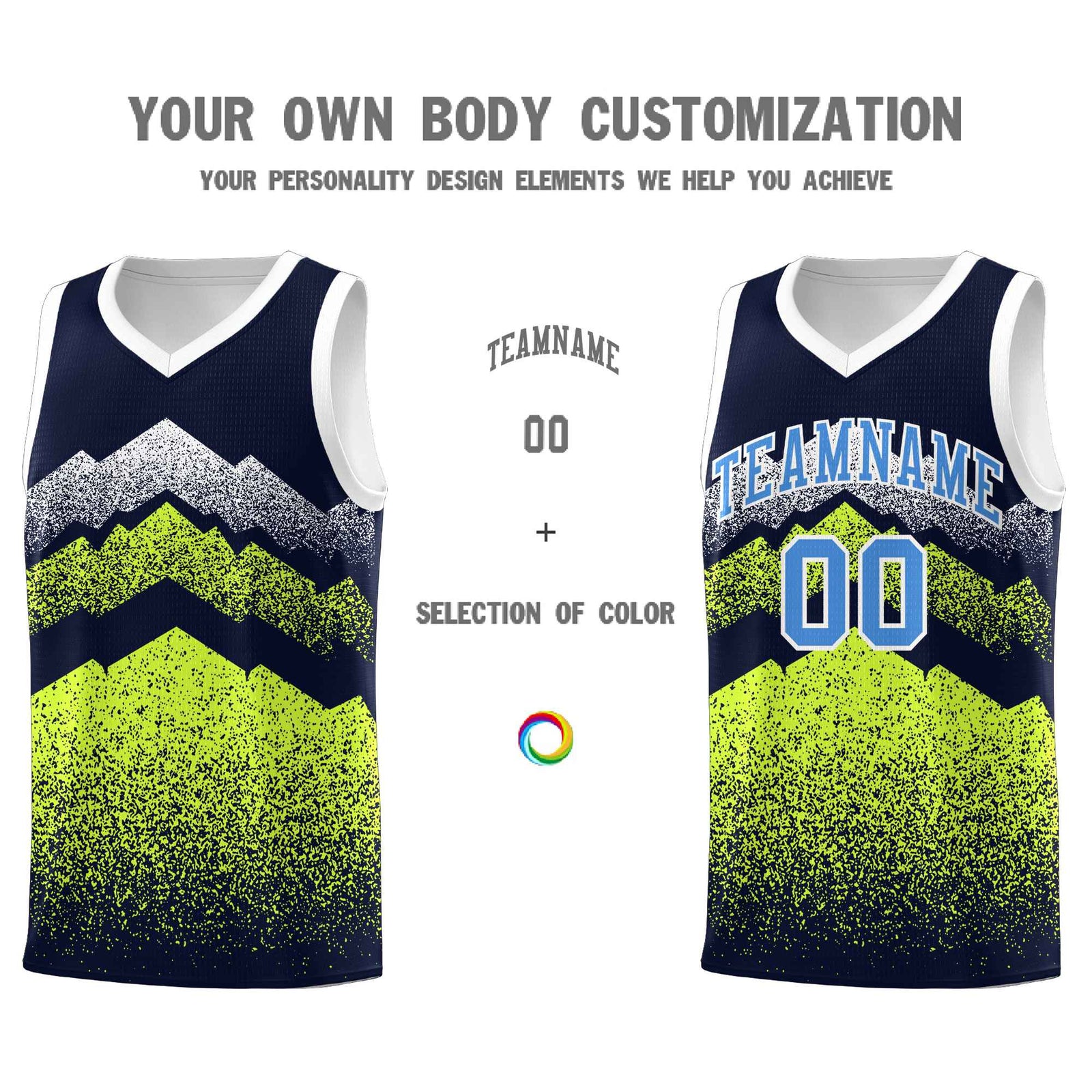 Personalized Youth Basketball Jerseys Navy Neon Green Gradient Mountain Design Uniforms