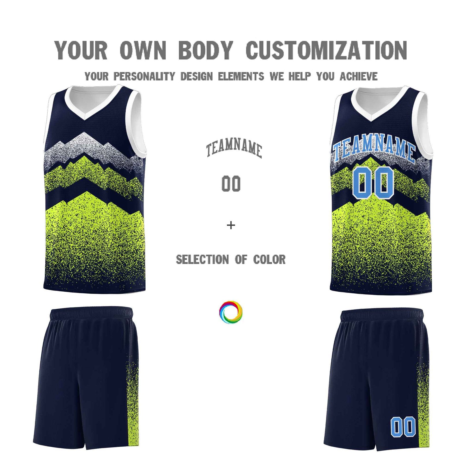 Personalized Youth Basketball Jerseys Navy Neon Green Gradient Mountain Design Uniforms