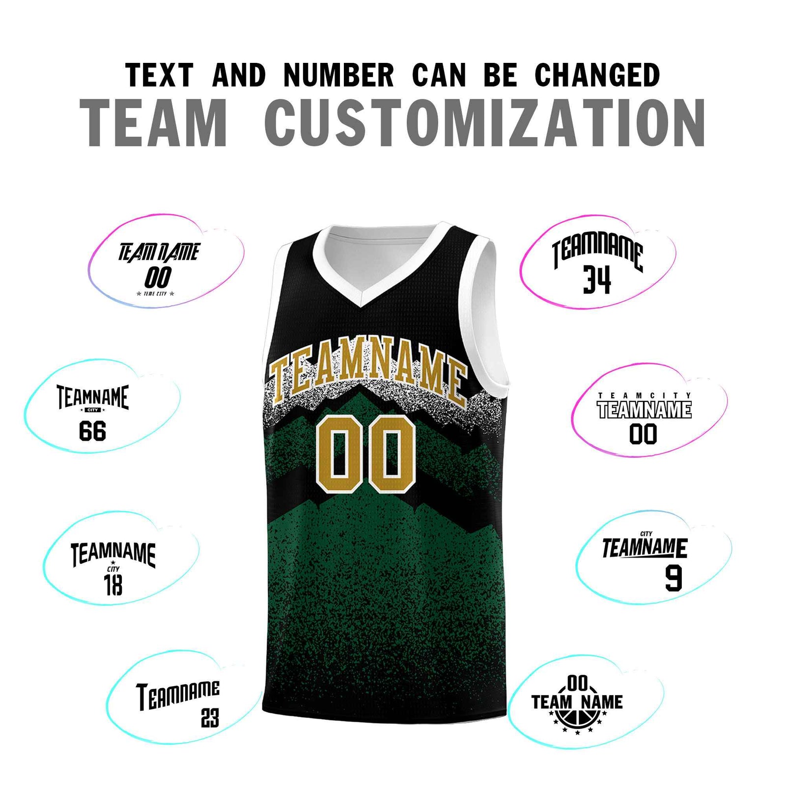 Personalized Youth Basketball Jerseys Black Green Gradient Mountain Design Uniforms