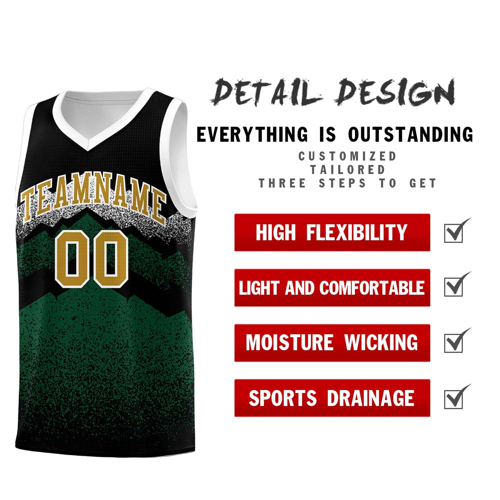 Personalized Youth Basketball Jerseys Black Green Gradient Mountain Design Uniforms