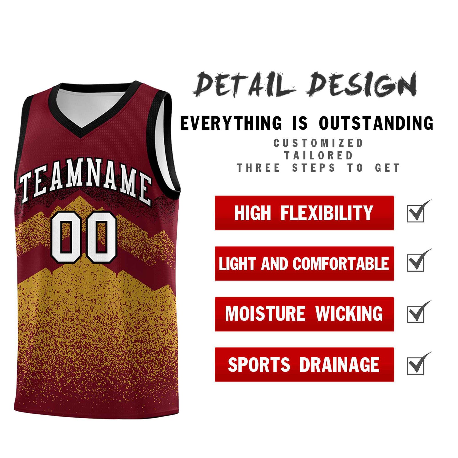 Personalized Youth Basketball Jerseys Crimson Old Gold Gradient Mountain Design Uniforms