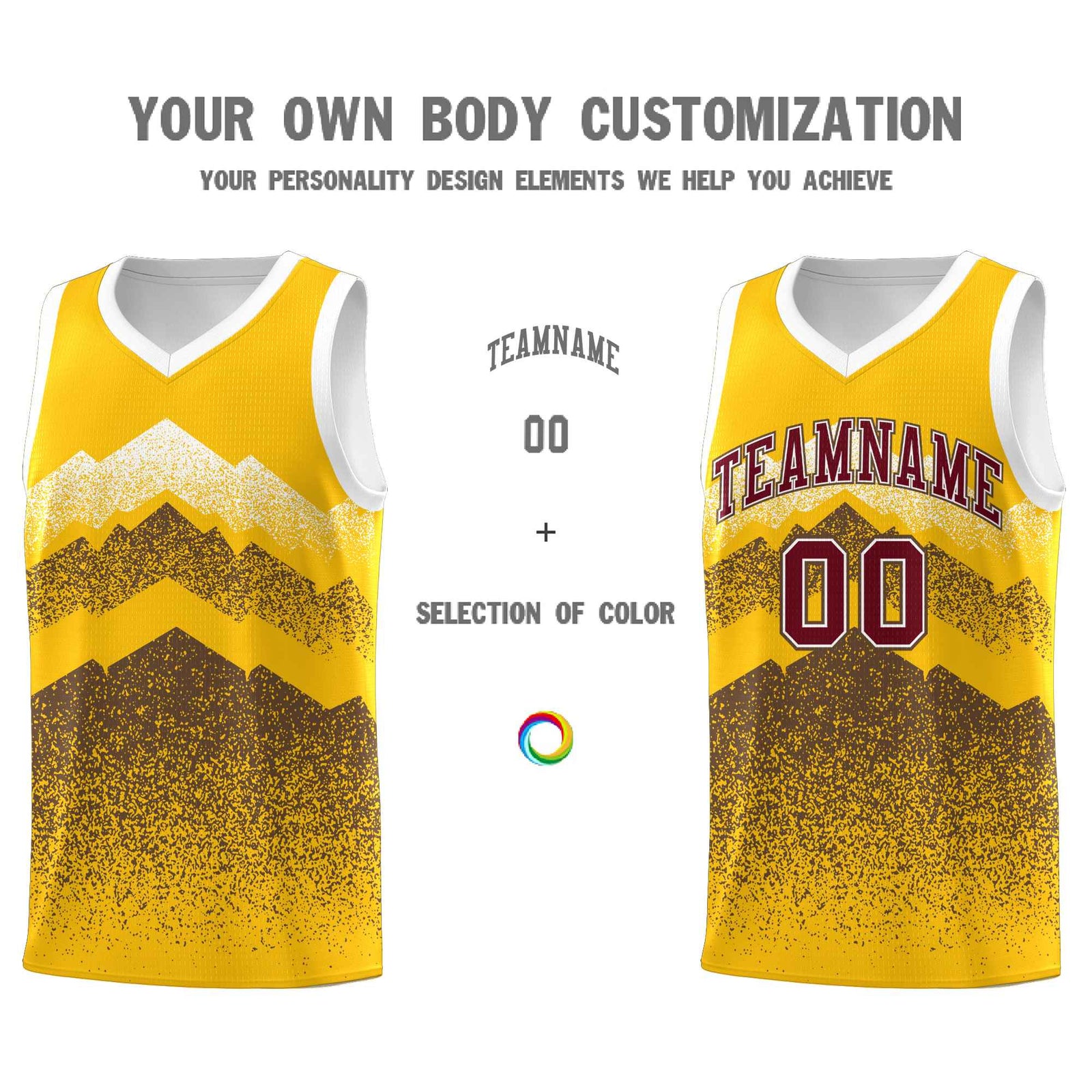 Custom Youth Basketball Jerseys Gold Coffee Gradient Mountain Design Uniforms