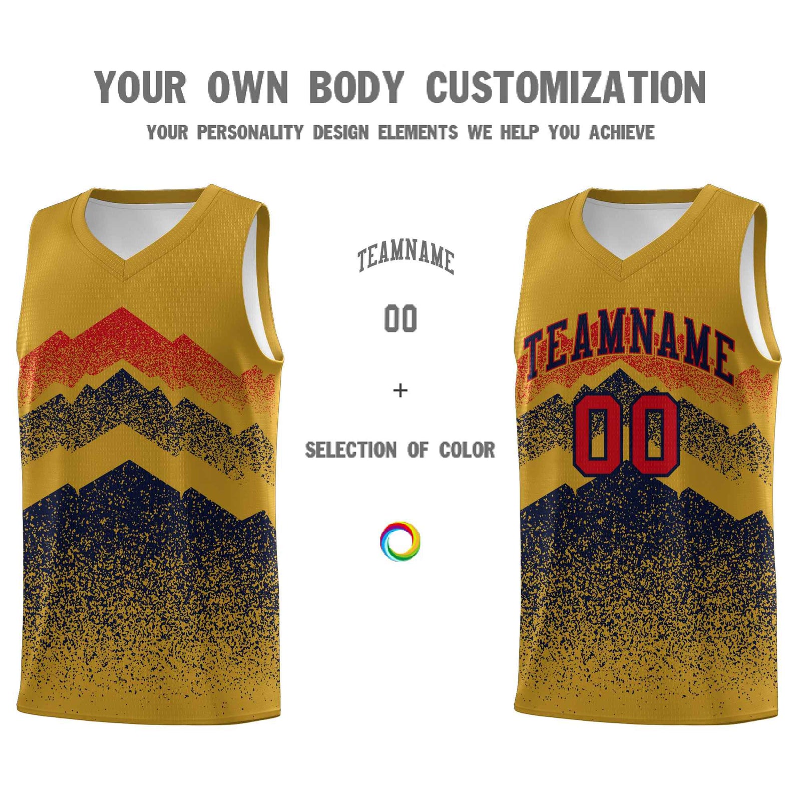 Personalized Youth Basketball Jerseys Old Gold Navy Gradient Mountain Design Uniforms