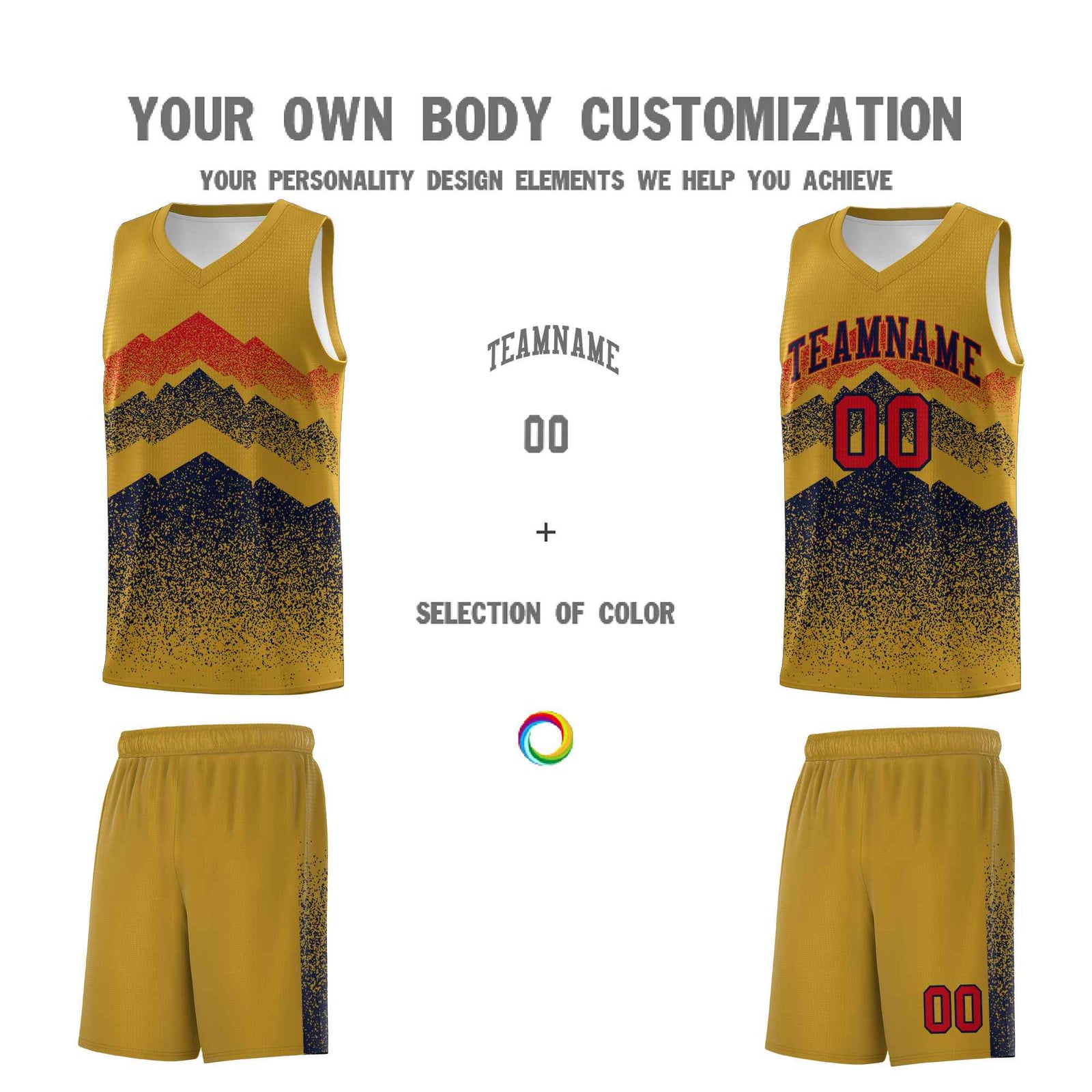 Personalized Youth Basketball Jerseys Old Gold Navy Gradient Mountain Design Uniforms