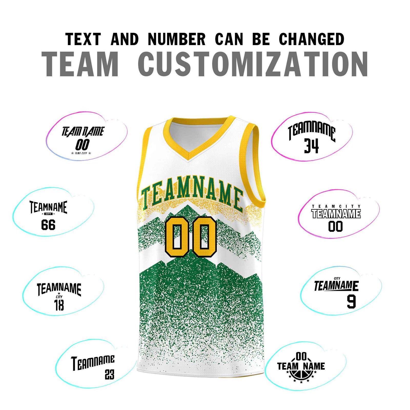 Personalized Youth Basketball Jerseys White Kelly Green Gradient Mountain Design Uniforms