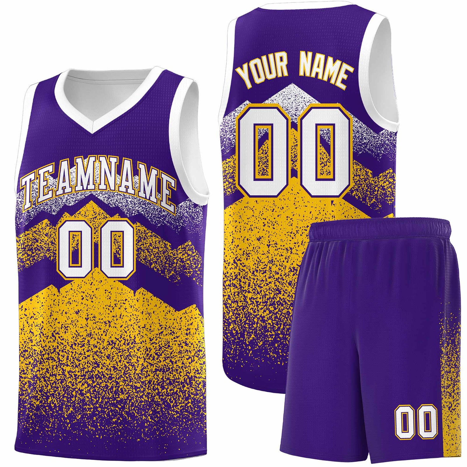 Personalized Youth Basketball Jerseys Purple Gold Gradient Mountain Design Uniforms