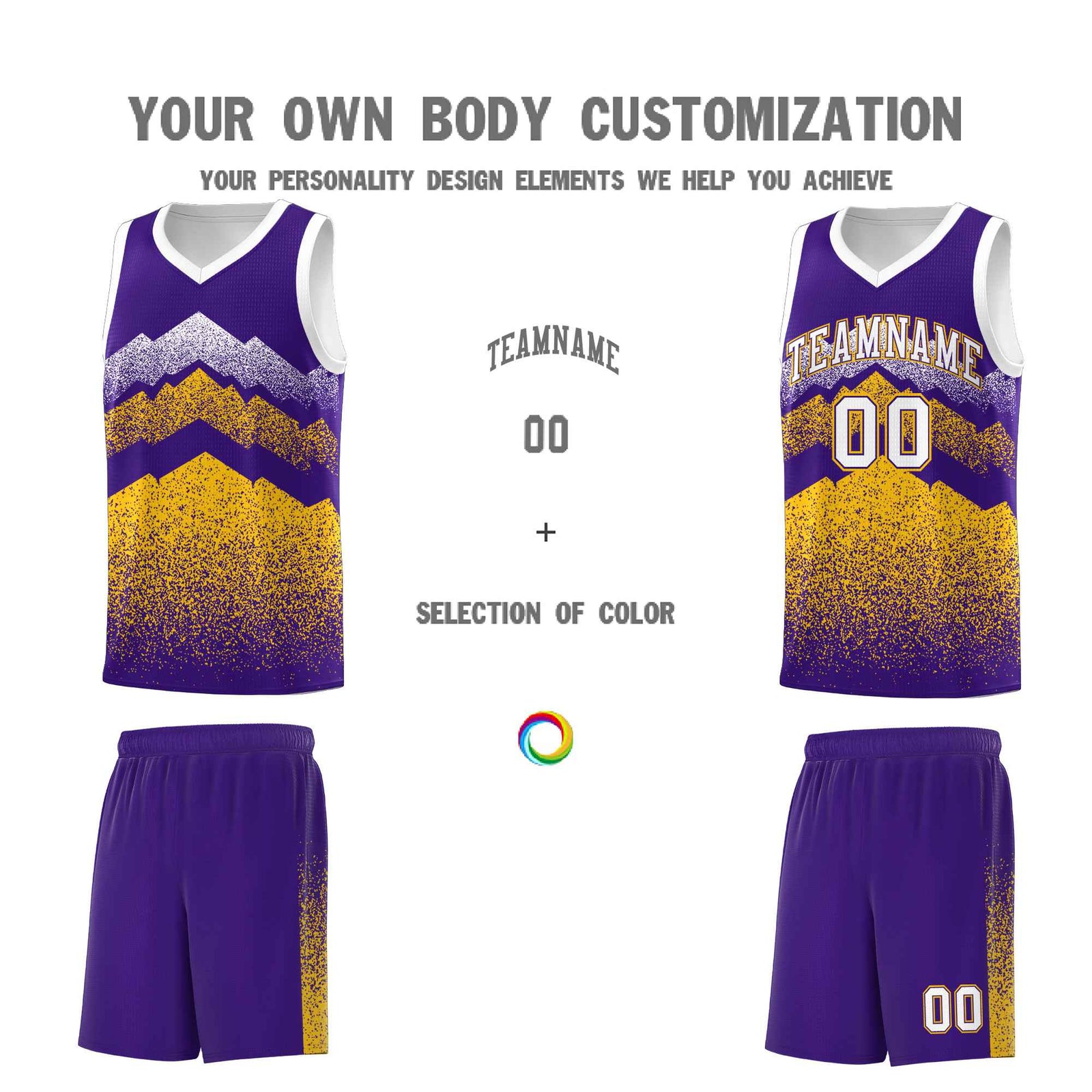 Personalized Youth Basketball Jerseys Purple Gold Gradient Mountain Design Uniforms