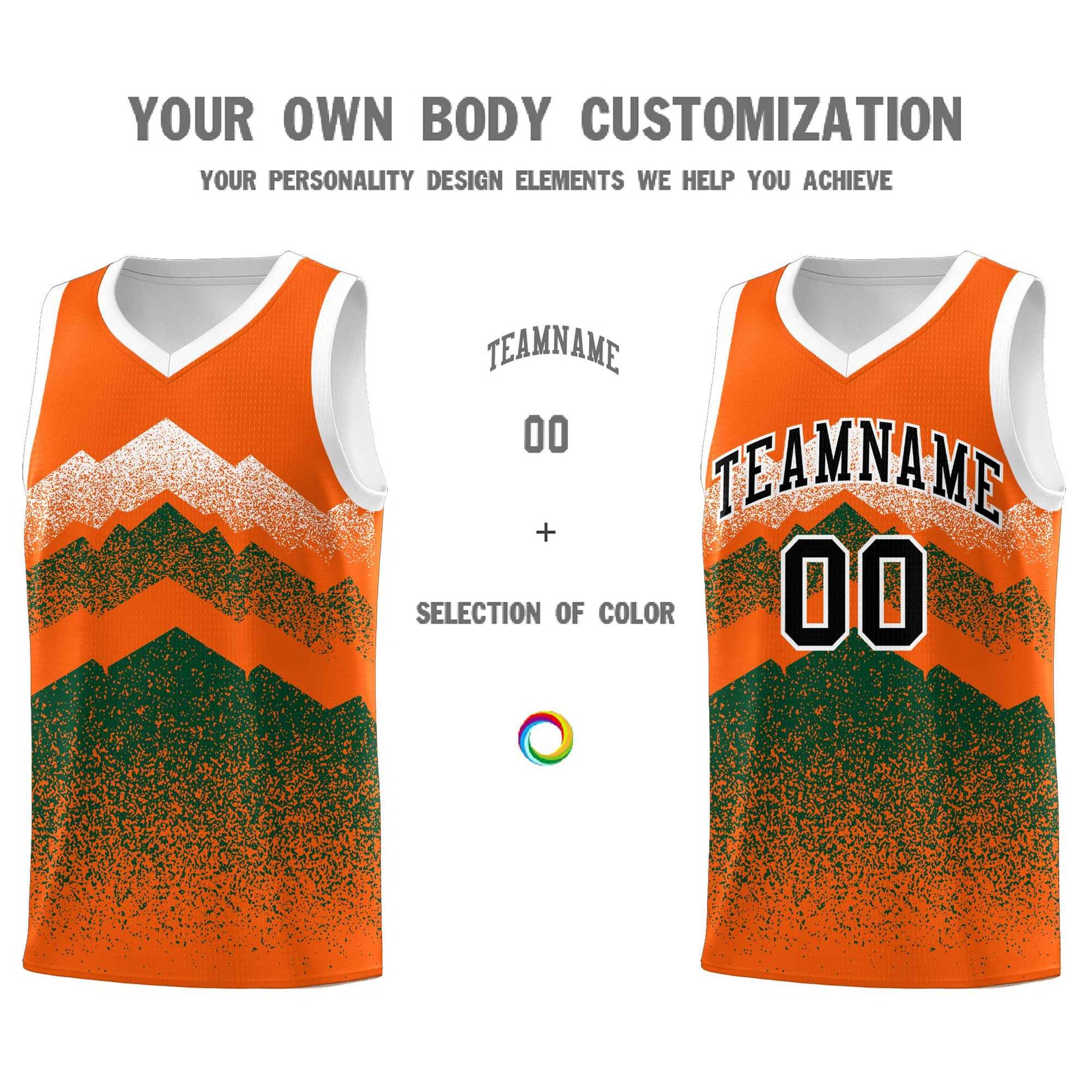 Personalized Youth Basketball Jerseys Orange Green Gradient Mountain Design Uniforms