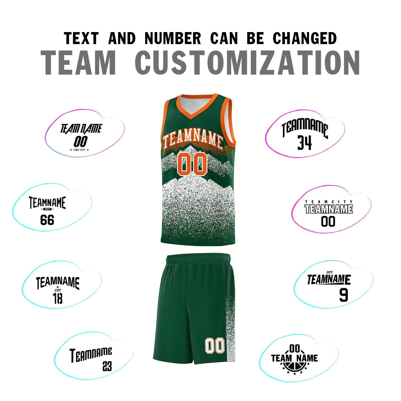 Personalized Youth Basketball Jerseys Green White Gradient Mountain Design Uniforms