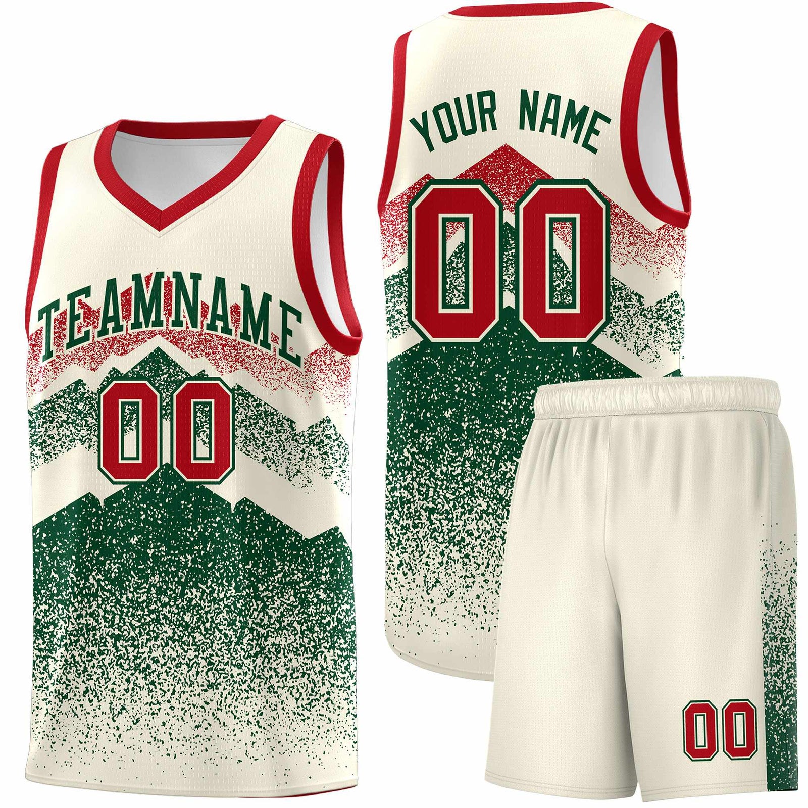 Personalized Youth Basketball Jerseys Cream Green Gradient Mountain Design Uniforms