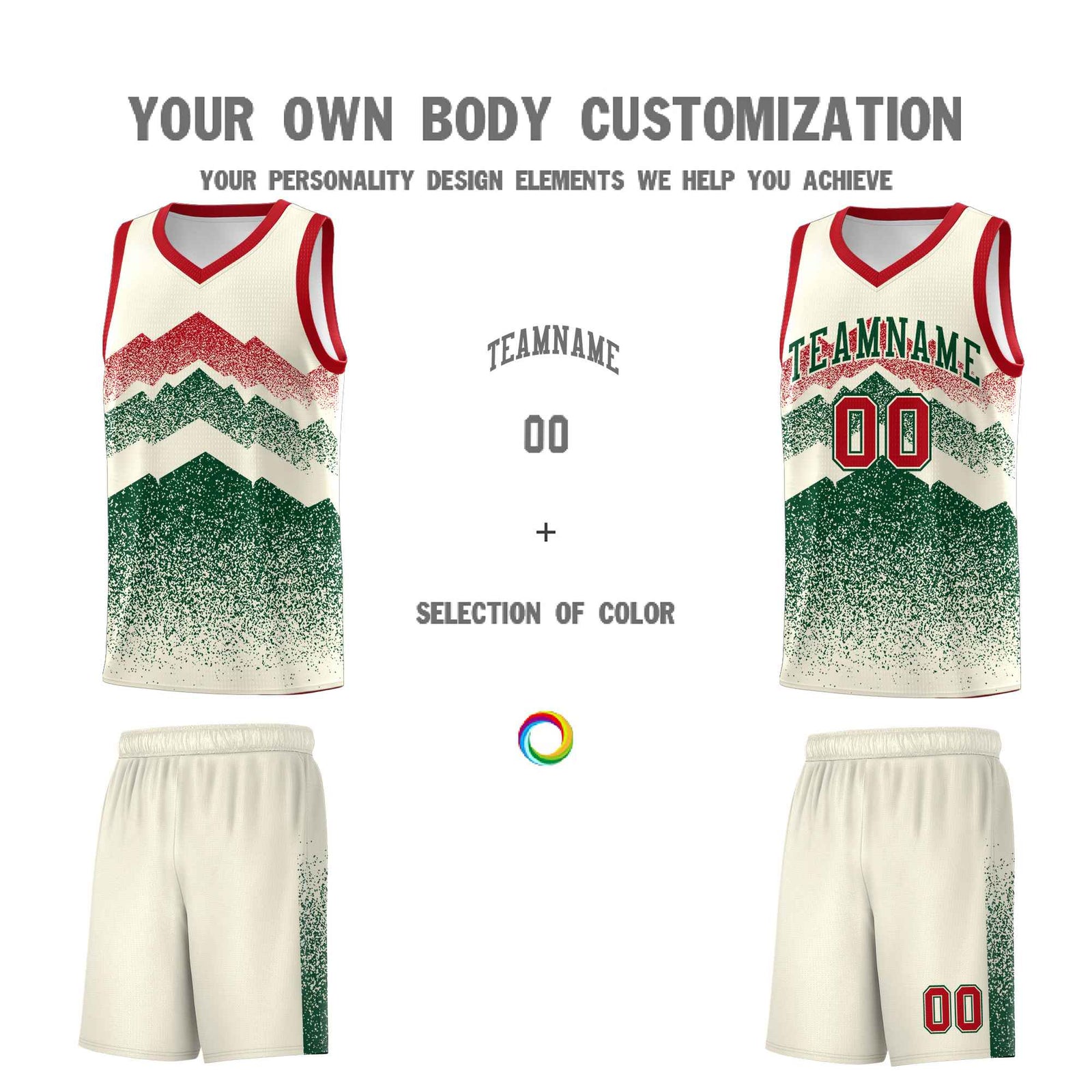 Personalized Youth Basketball Jerseys Cream Green Gradient Mountain Design Uniforms