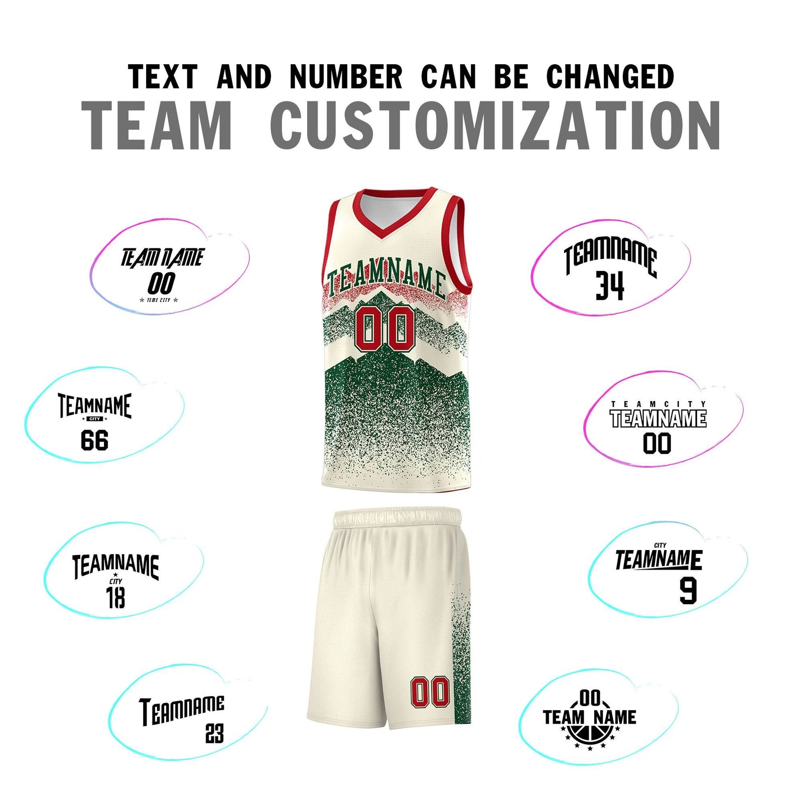 Personalized Youth Basketball Jerseys Cream Green Gradient Mountain Design Uniforms
