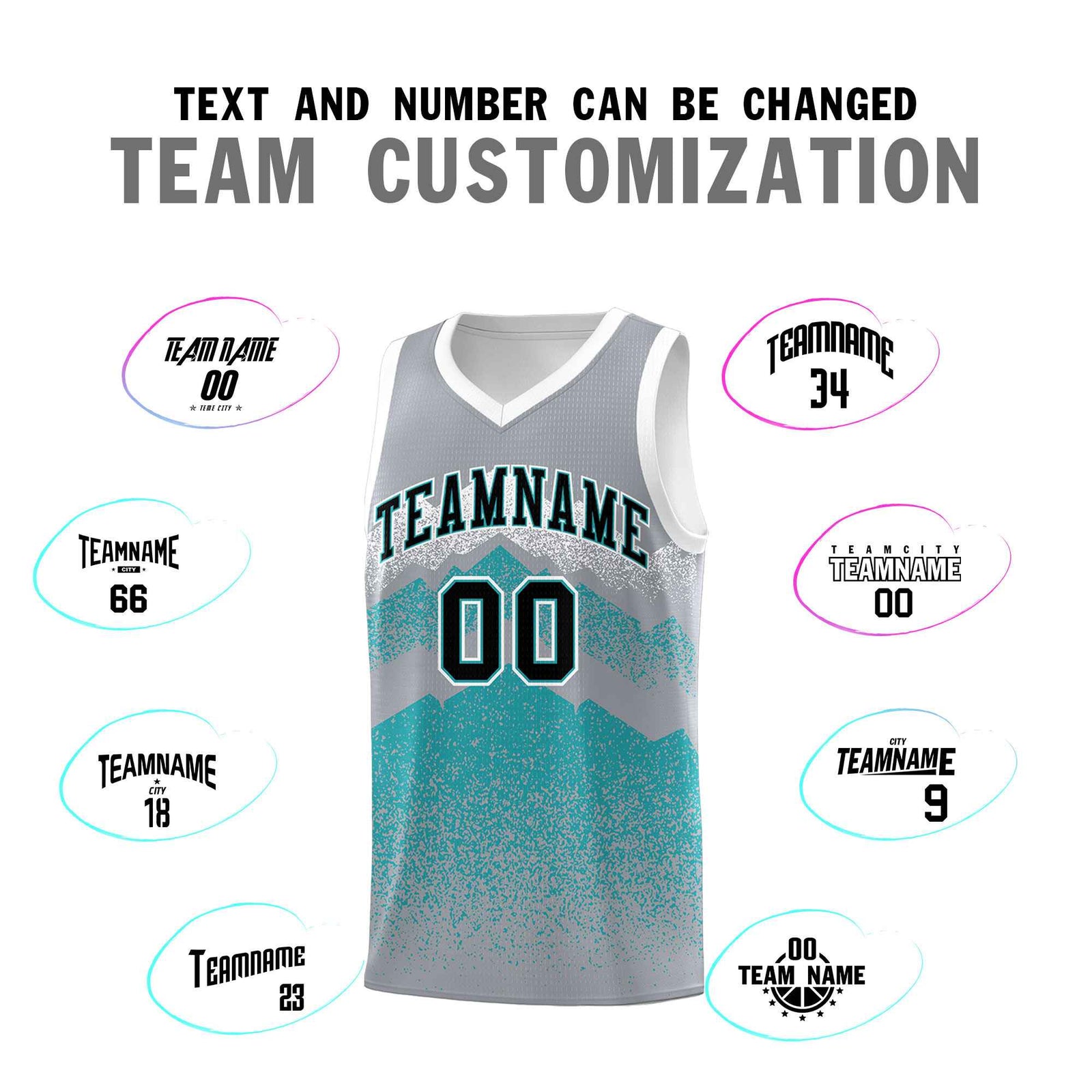Personalized Youth Basketball Jerseys Silver Teal Gradient Mountain Design Uniforms