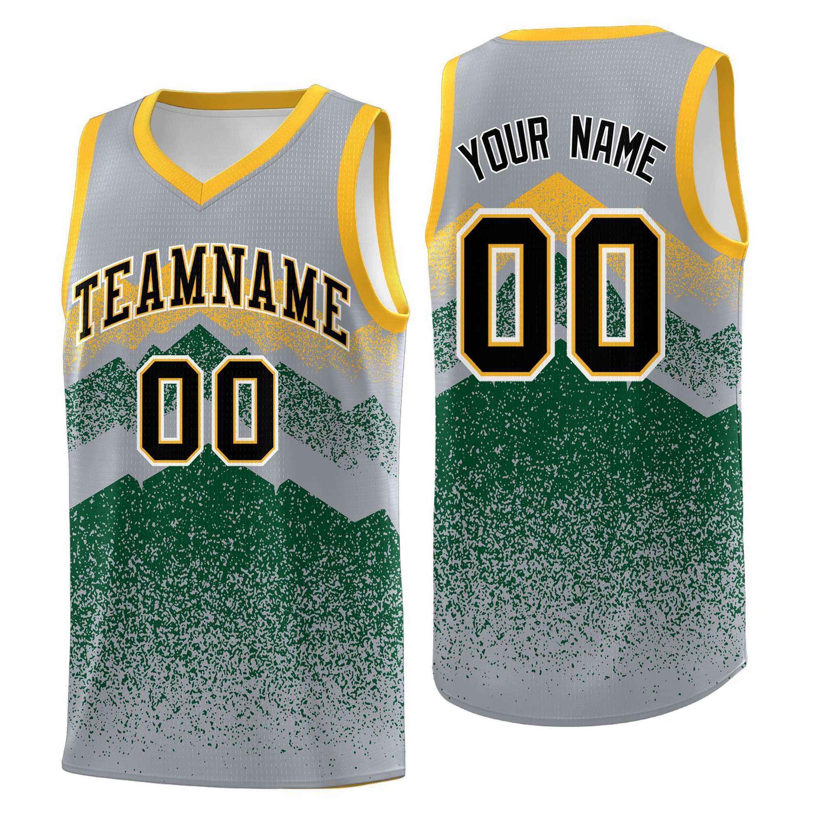 Personalized Youth Basketball Jerseys Gray Green Gradient Mountain Design Uniforms