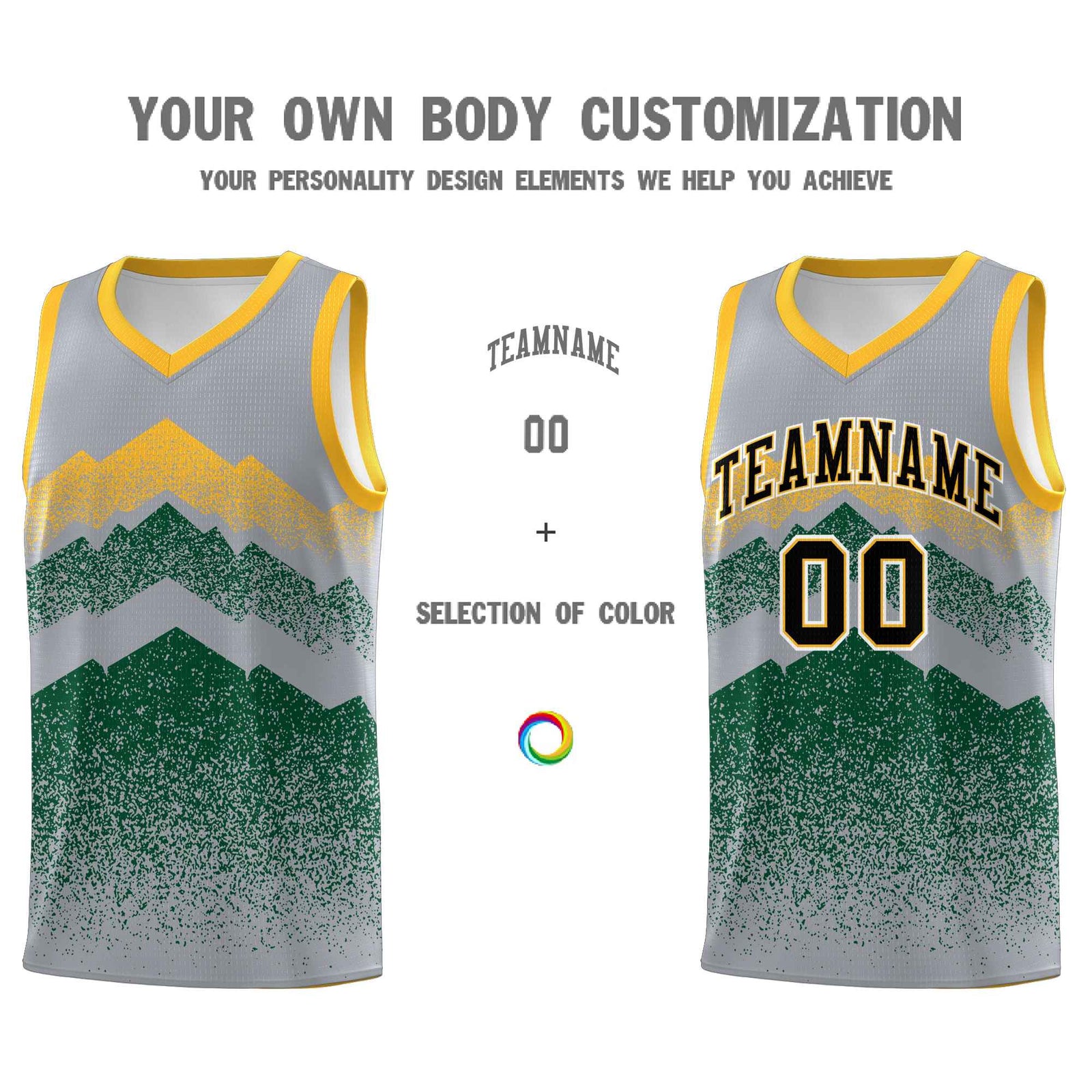 Personalized Youth Basketball Jerseys Gray Green Gradient Mountain Design Uniforms