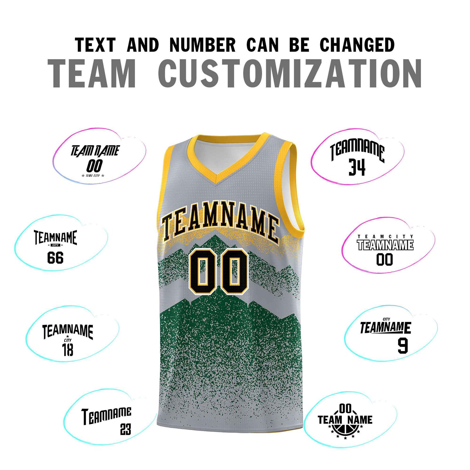 Personalized Youth Basketball Jerseys Gray Green Gradient Mountain Design Uniforms