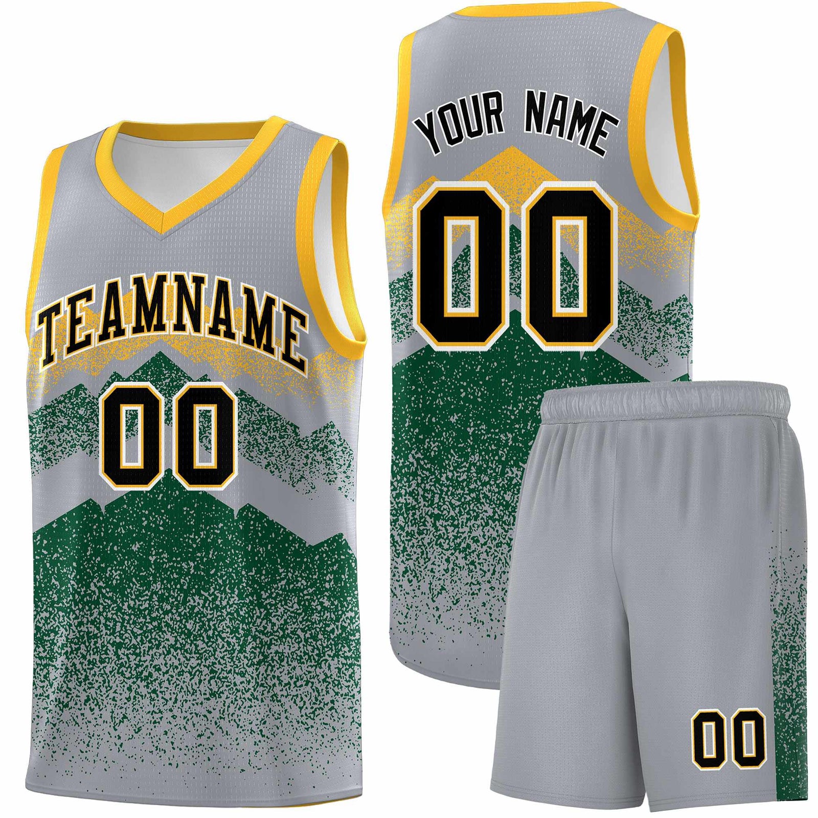 Personalized Youth Basketball Jerseys Gray Green Gradient Mountain Design Uniforms