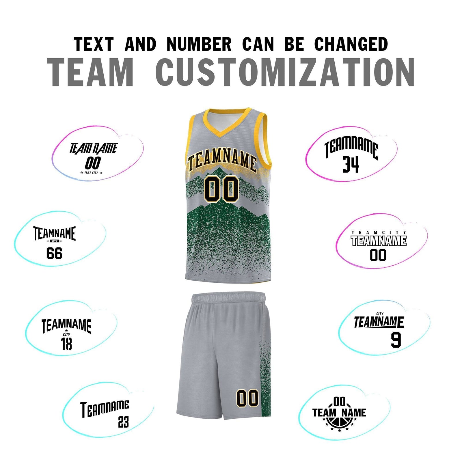 Personalized Youth Basketball Jerseys Gray Green Gradient Mountain Design Uniforms