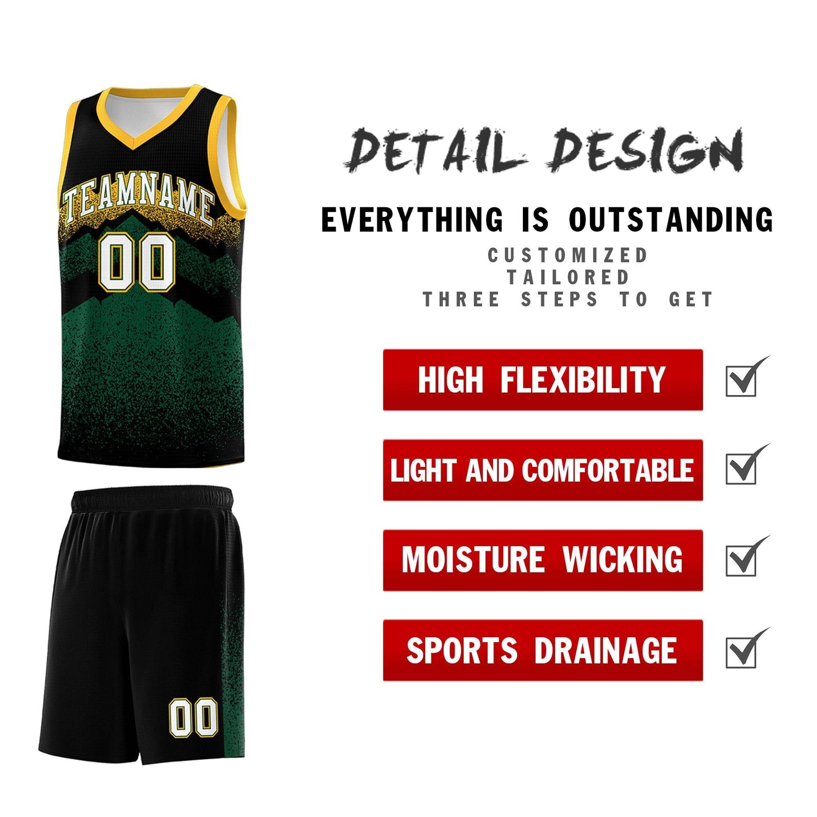 Custom Youth Basketball Jerseys Black Green Gradient Mountain Design Uniforms