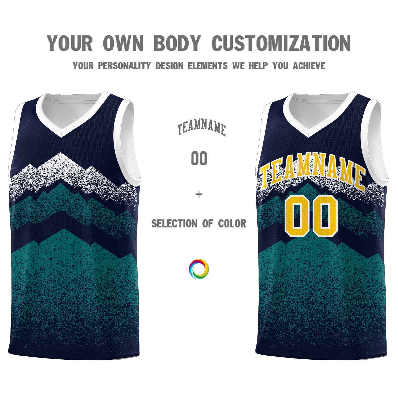 Custom Youth Basketball Jerseys Navy Teal Gradient Mountain Design Uniforms