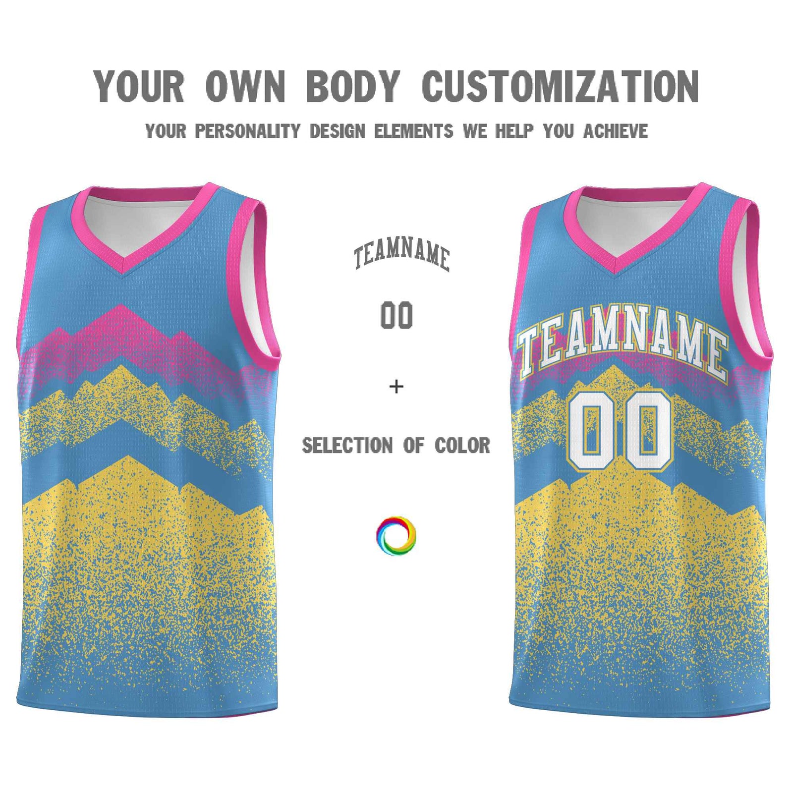 Personalized Youth Basketball Jerseys Light Blue Khaki Gradient Mountain Design Uniforms