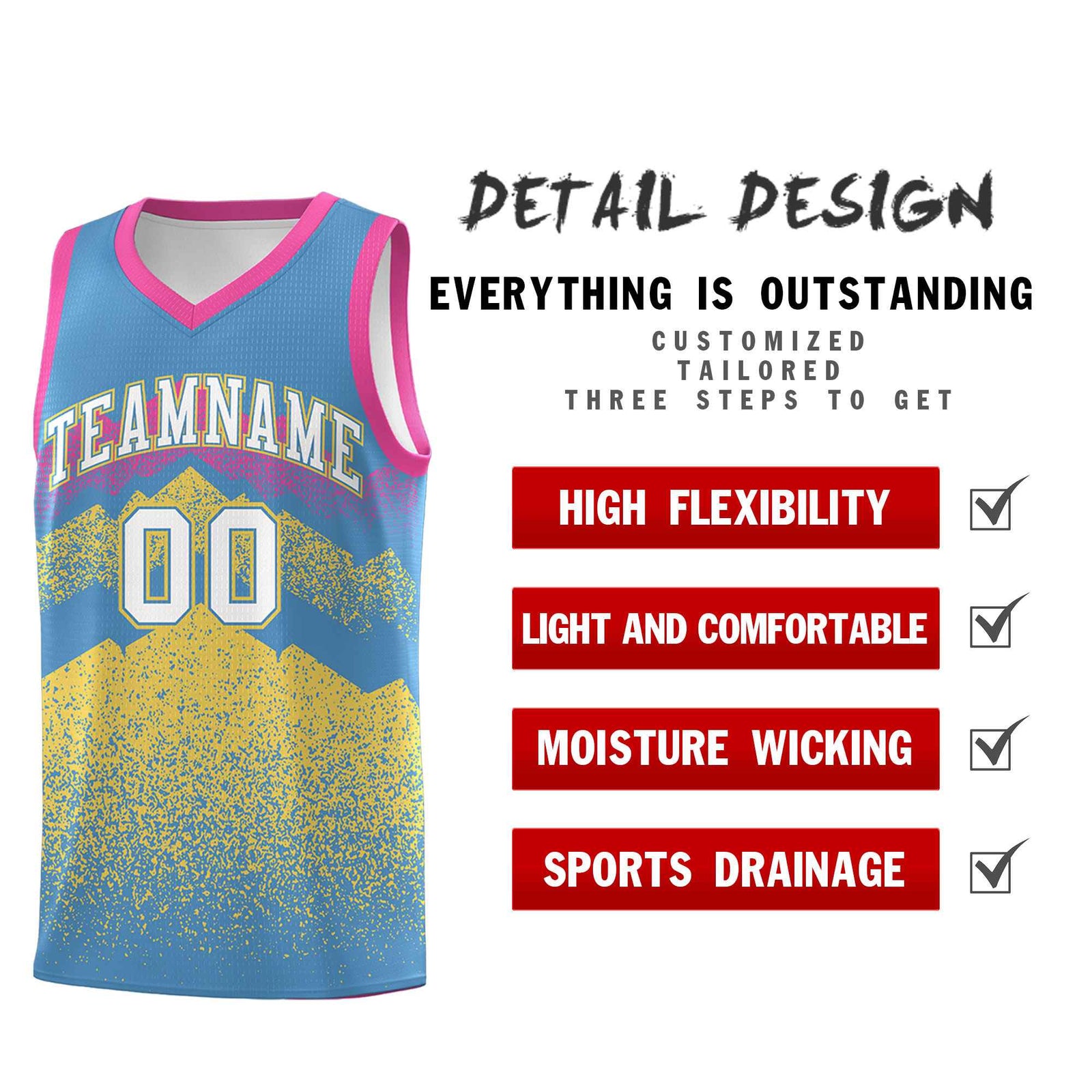 Personalized Youth Basketball Jerseys Light Blue Khaki Gradient Mountain Design Uniforms