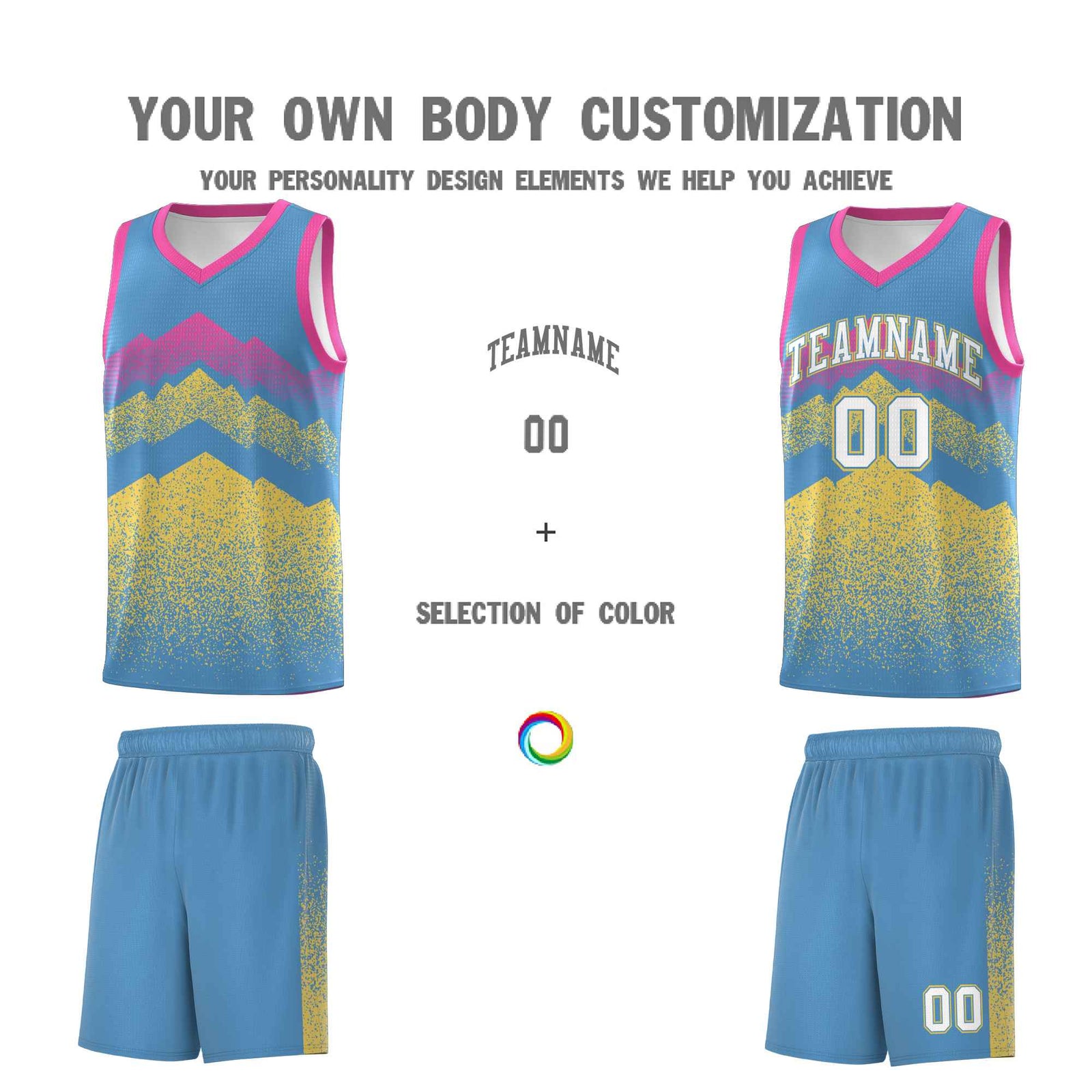 Personalized Youth Basketball Jerseys Light Blue Khaki Gradient Mountain Design Uniforms