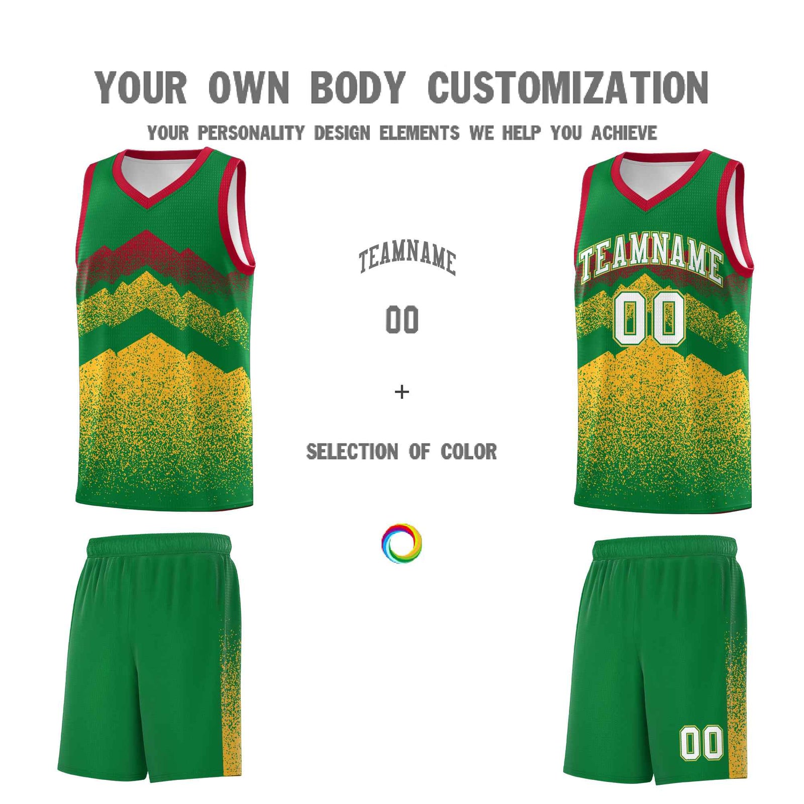 Custom Youth Basketball Jerseys Kelly Green Gold Gradient Mountain Design Uniforms